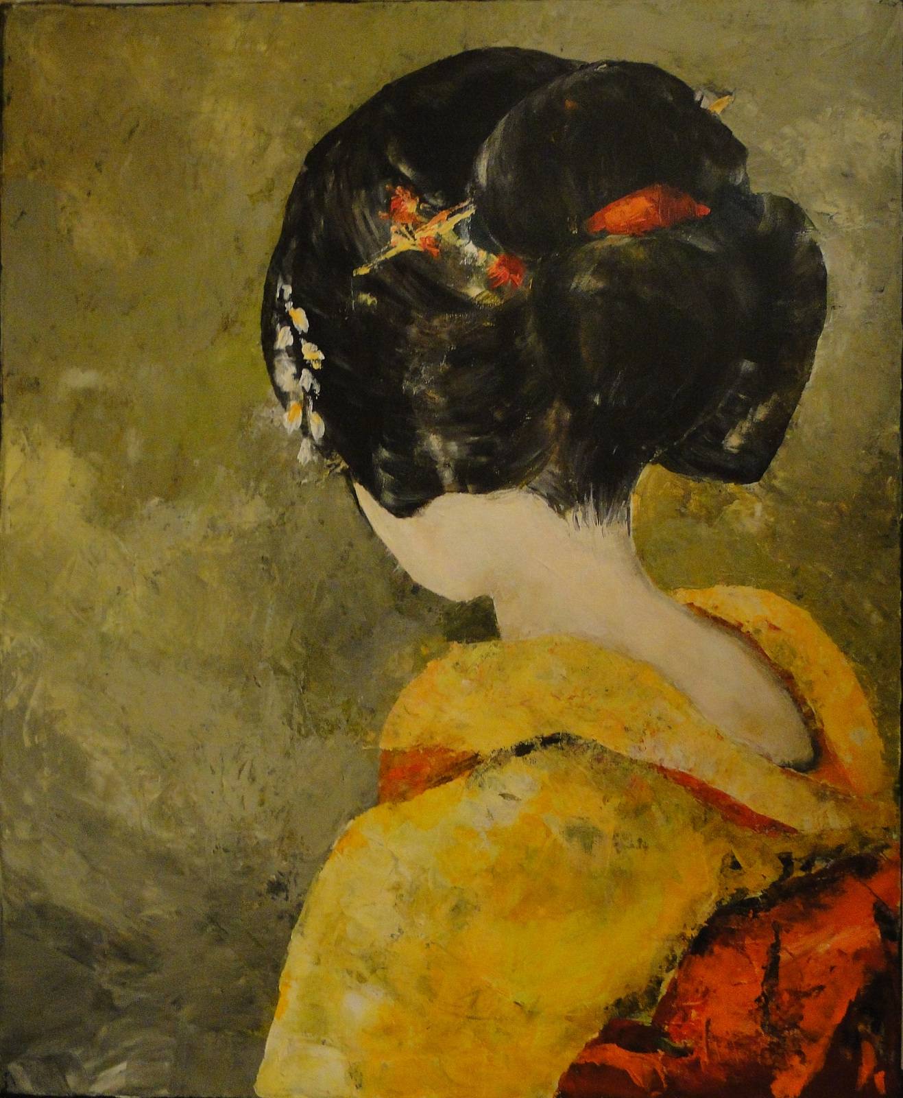 Portrait of a Japanese woman in traditional costume. Geisha hairstyle. 