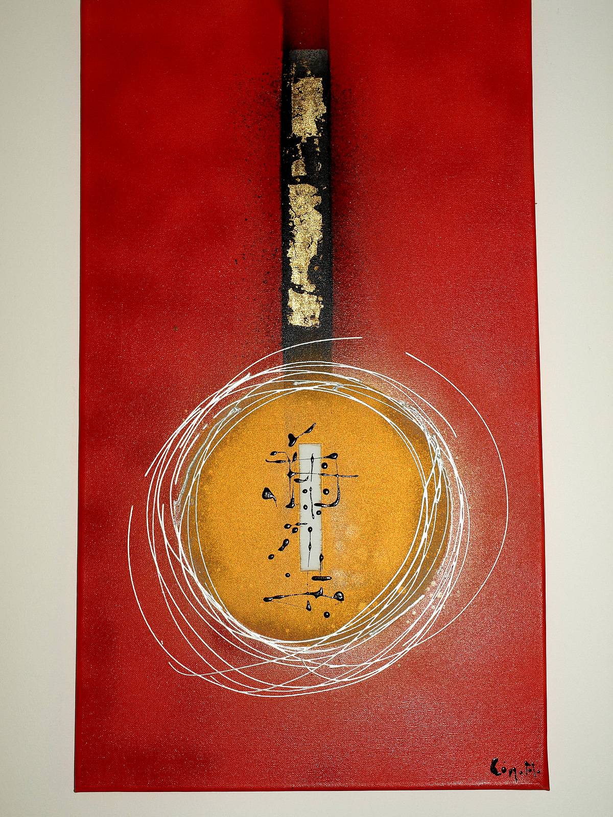 Modern abstract canvas Asia round red gold, gold leaf. 