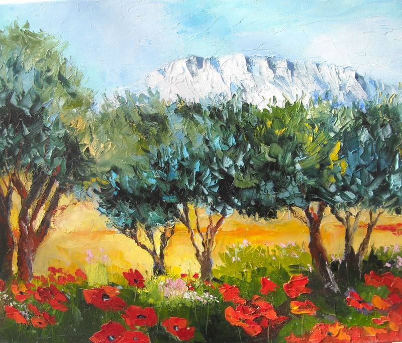 The Sainte Victoire, Olives and Poppies. 