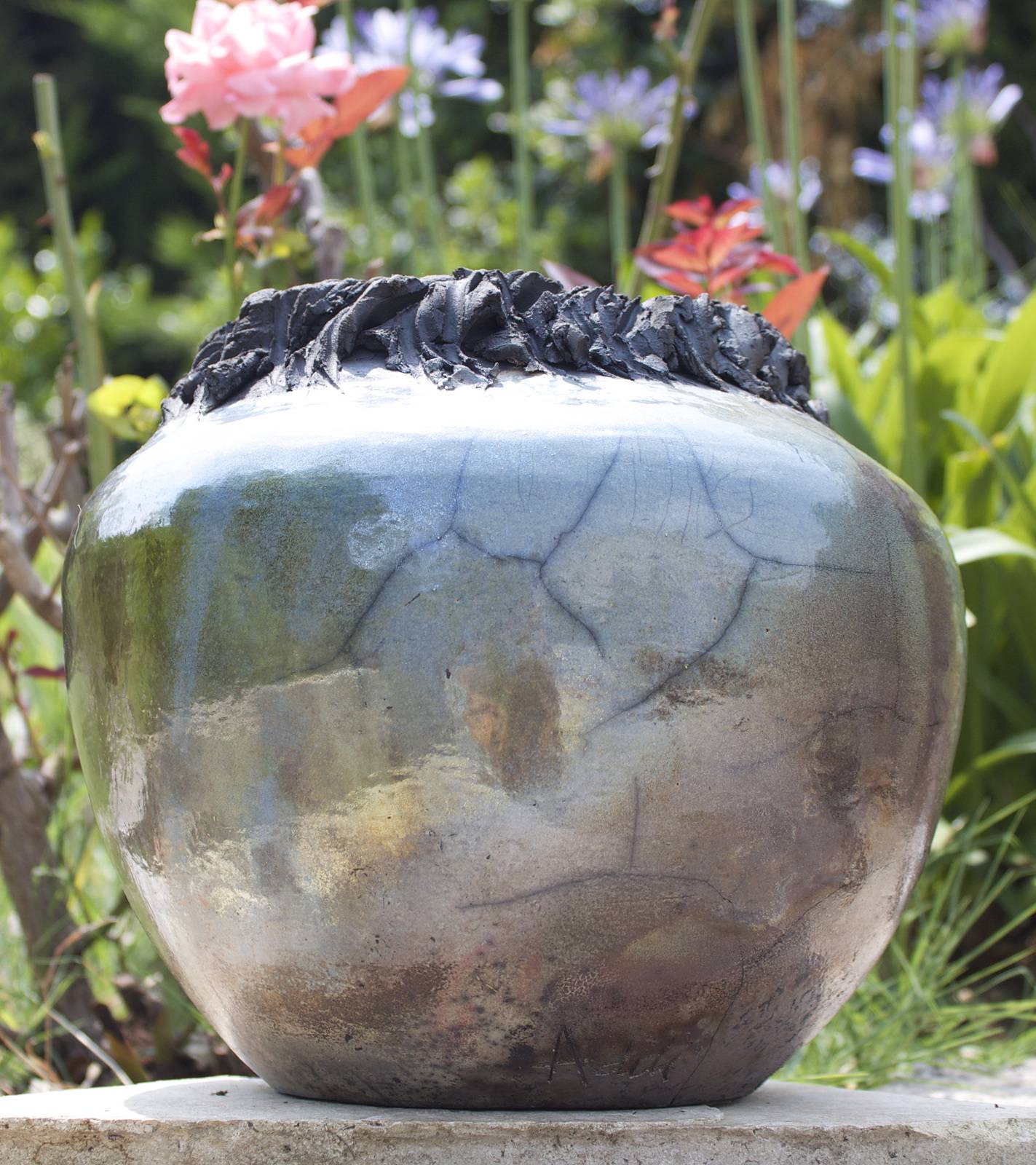 Raku glaze jar pot of gold, blue, copper smoky - YAAM . Adilis Kréations