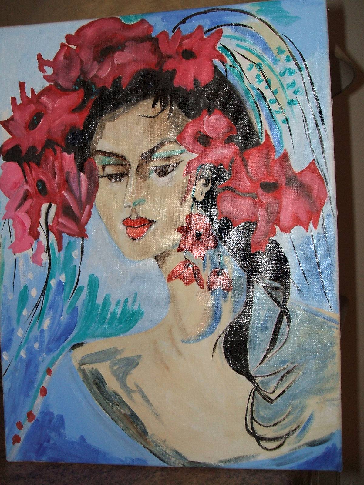 Woman with pink flowers . 
