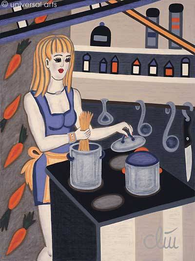 French Au Pair cooking Pasta - original painting - Jacqueline_Ditt. 