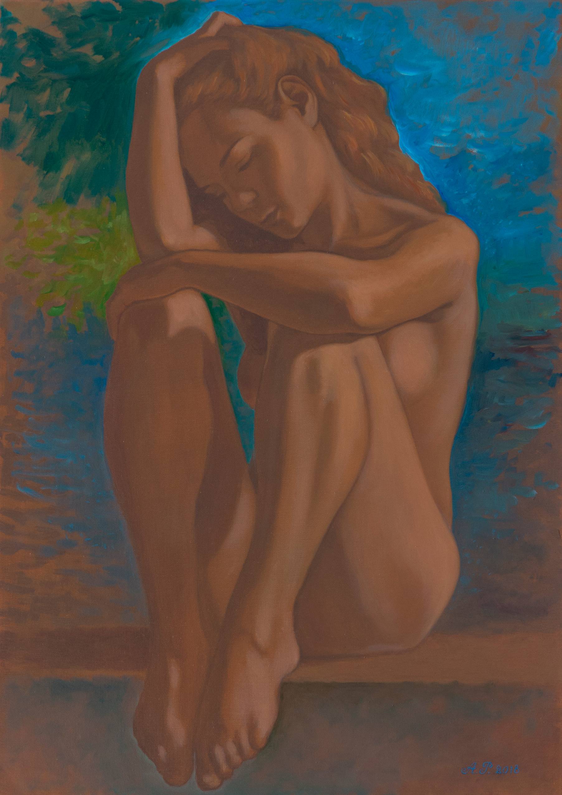 Nu assis sous le soleil. 