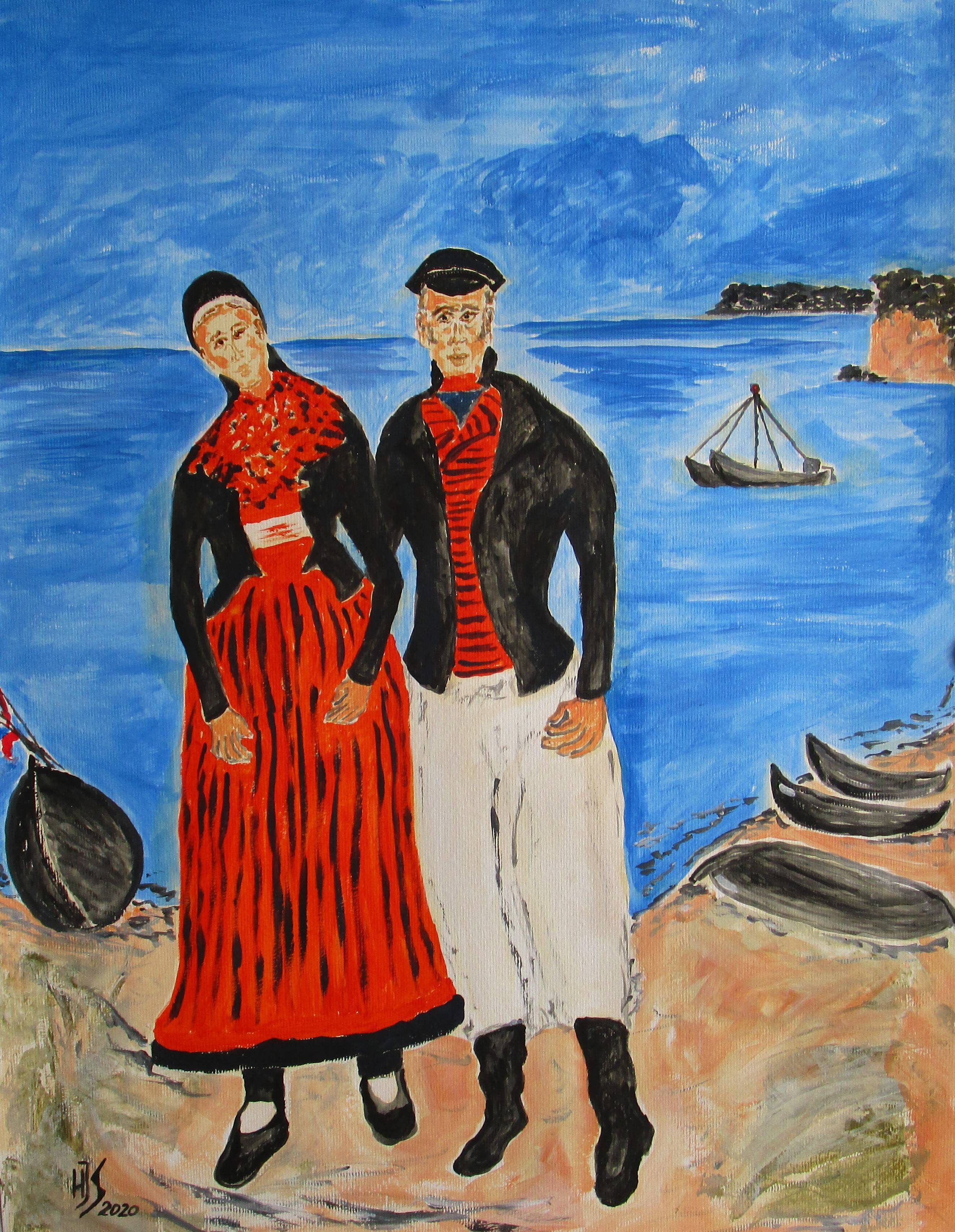 Mönchguter Trachtenpaar am Fischerstrand. 