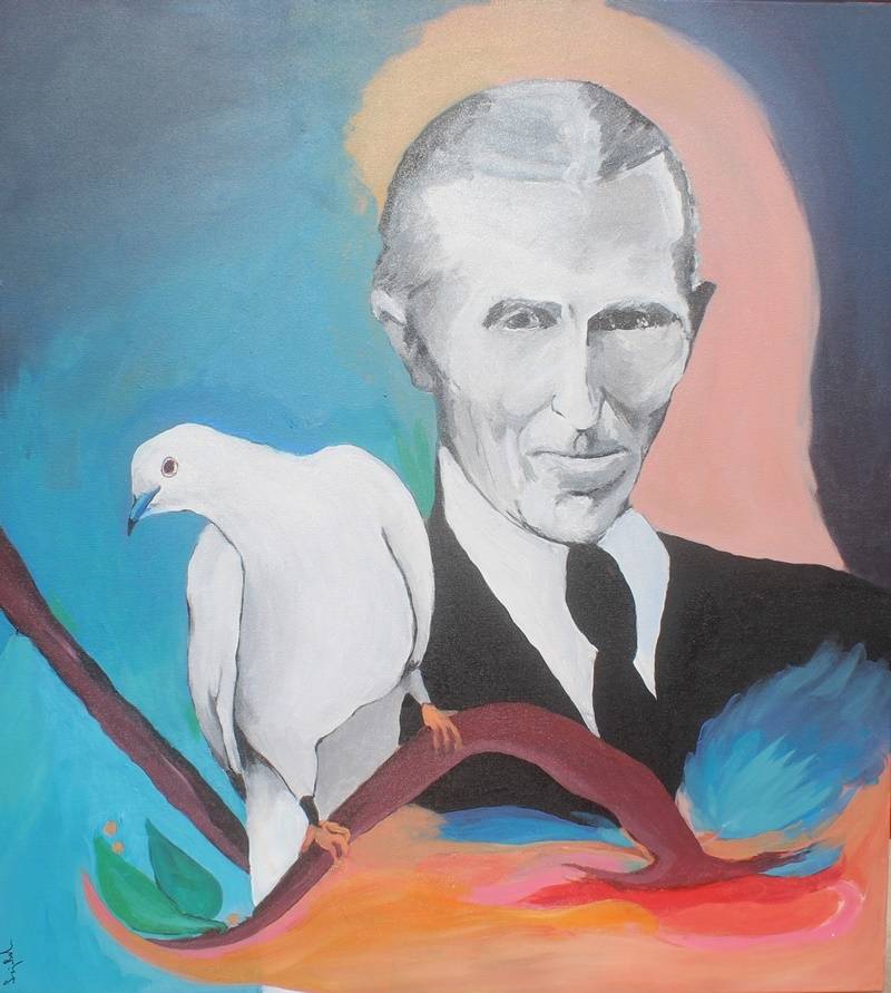 Nikola Tesla with the white dove. Sonja Bela