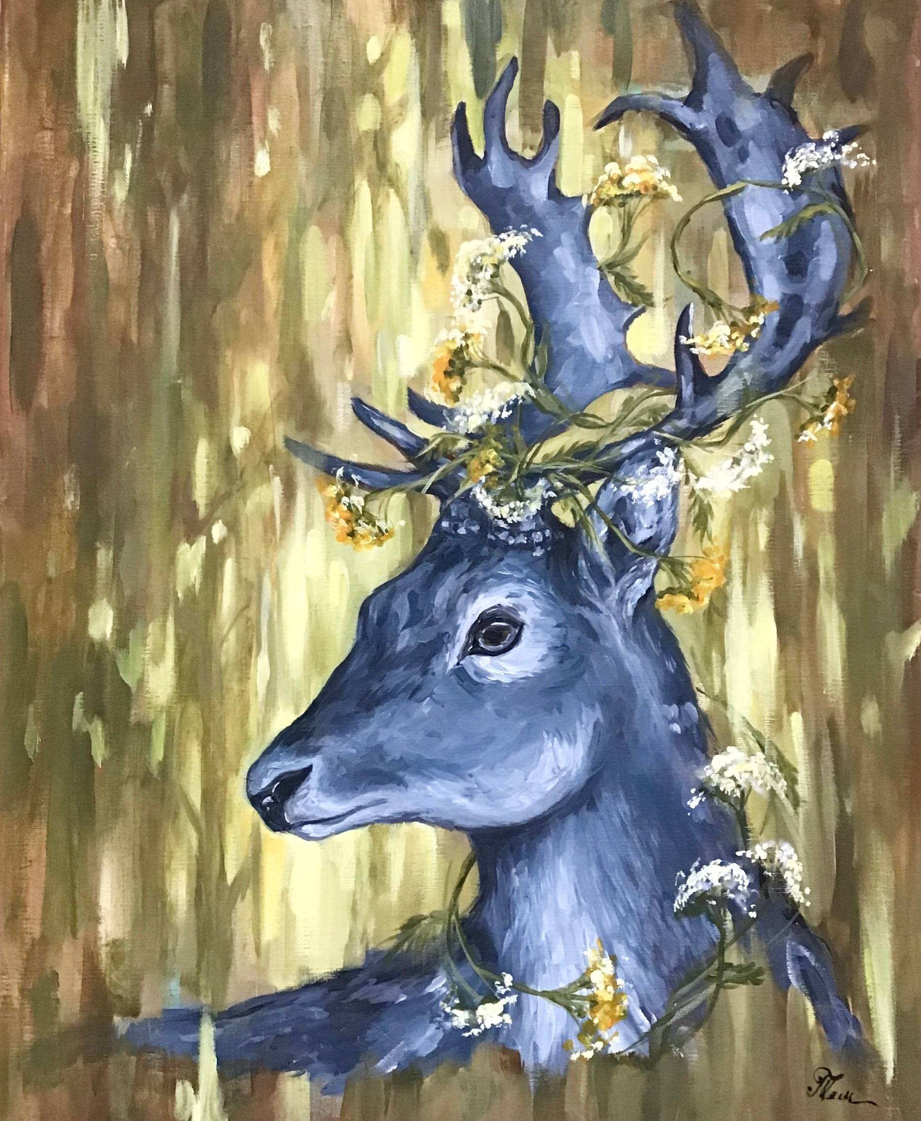 Cerf et fleurs délicates, peinture à l'huile, art moderne, art contemporain, art. Ksenia Del Bono