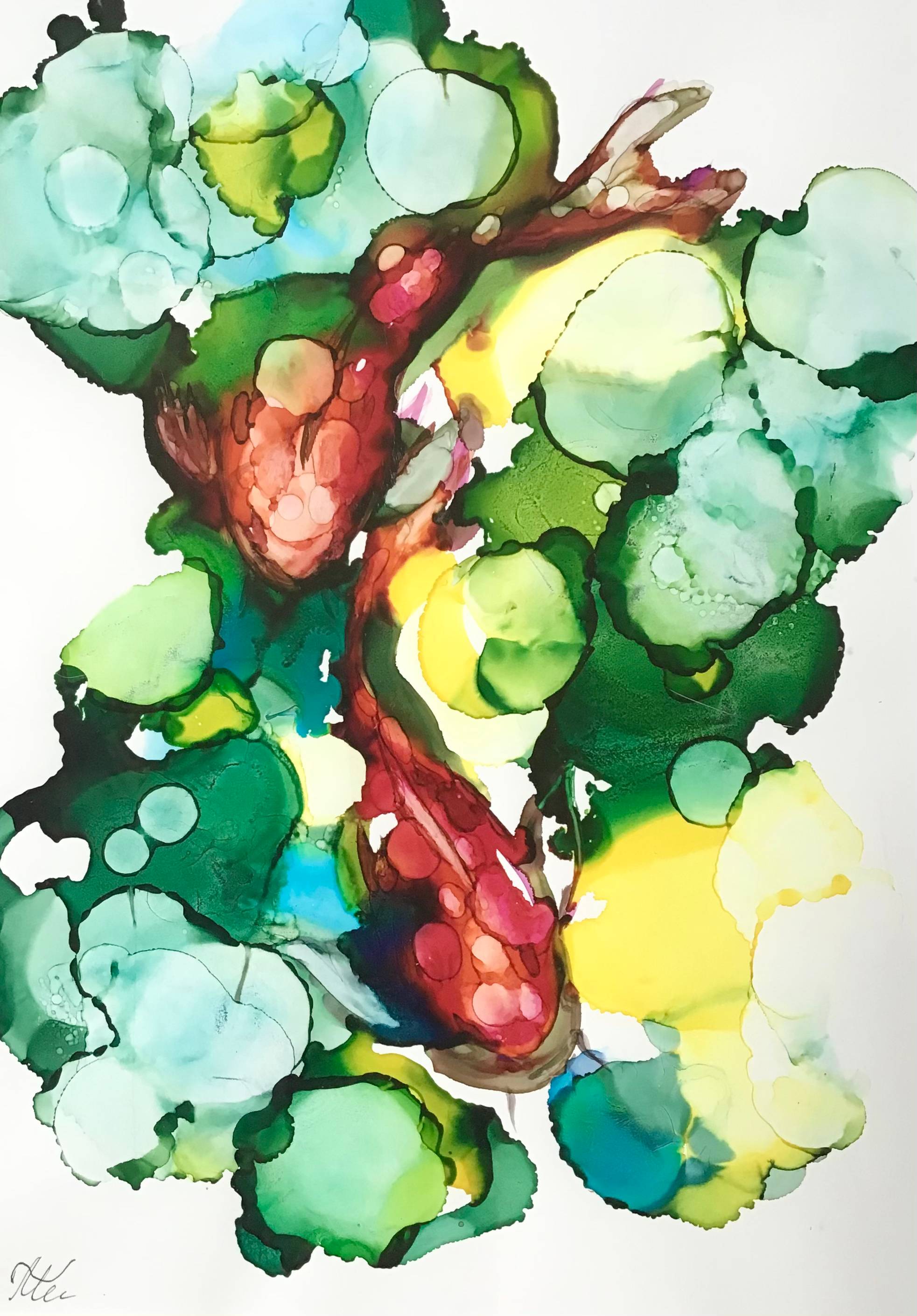 Dessin à l’encre carpes dorée, art unique et original, art contemporain.. Ksenia Del Bono