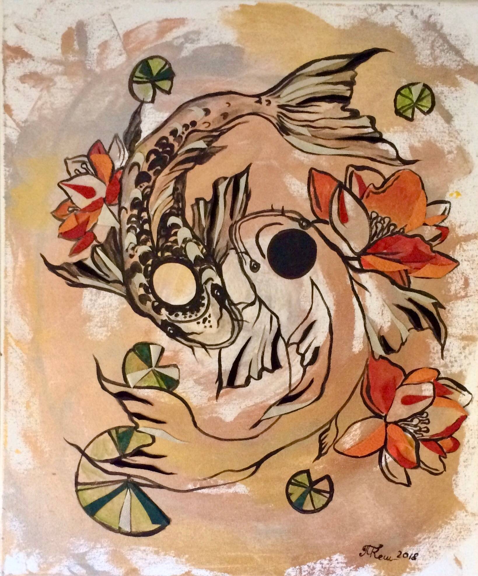 Carpes dorée, poisson mixmedia, original, unique, art collection, art modern.. Ksenia Del Bono