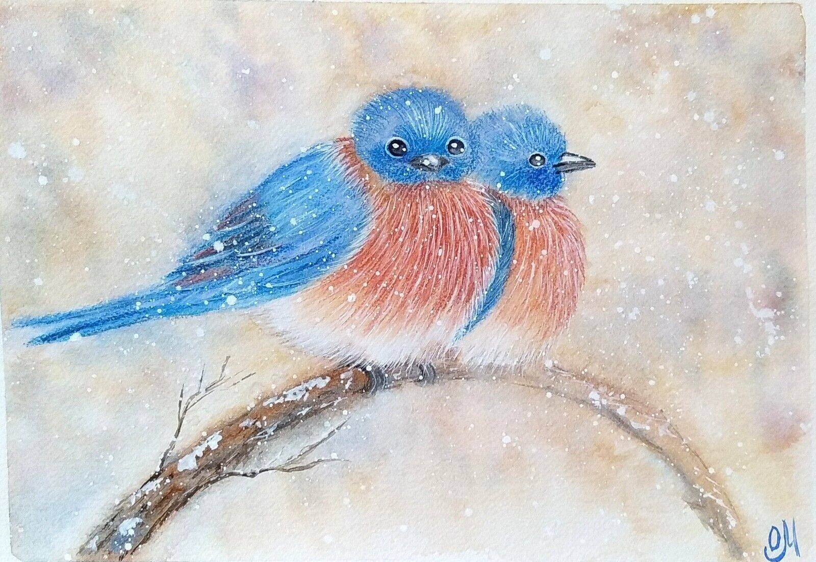 Aquarelle animale «Les oiseaux bleus» sur papier grain fin. Oxana Mustafina Oxana Mustafina