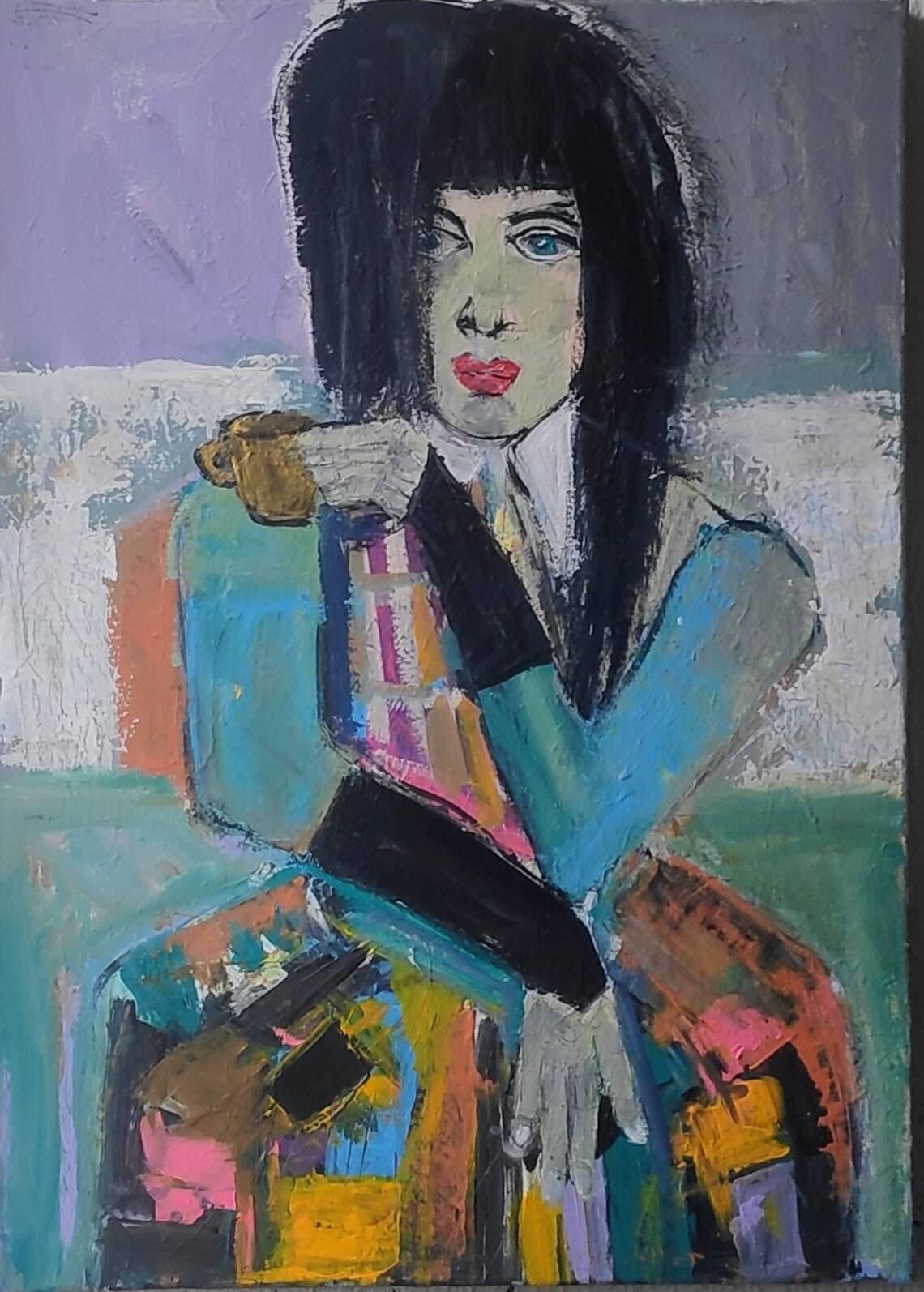 Couple women painting female portrait acrylic abstract - anime acrylic figure po. Ben Yezhak [Bonoget]