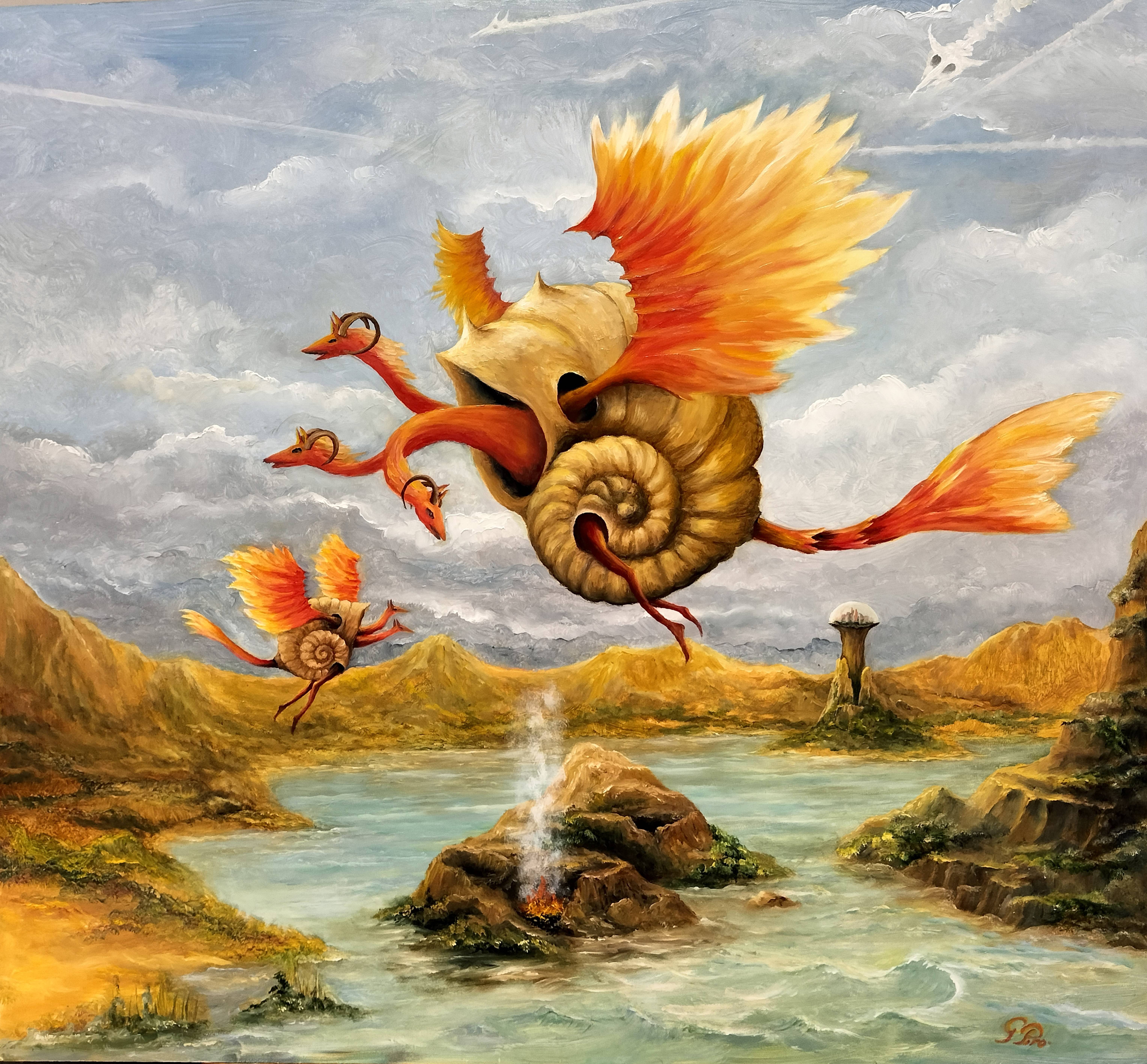 Oil painting ref 583642, cloudy sky, volcano, lake, mountains. Gregory Pyra Piro Gregory Pyra Piro