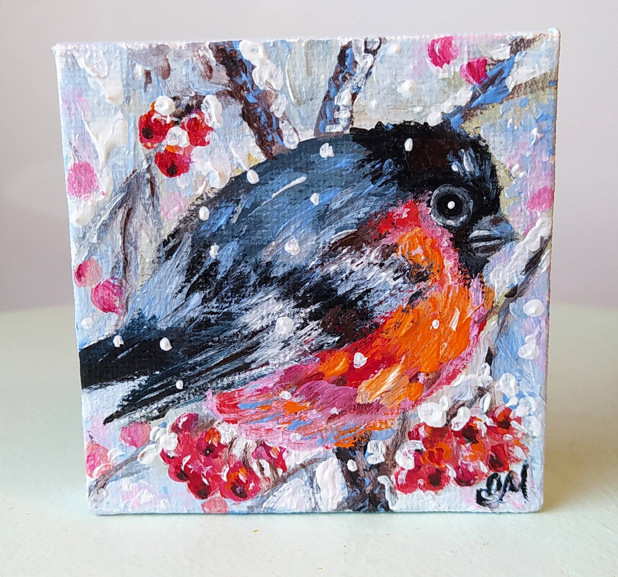 Peinture acrylique Oiseau sur mini - toile coton sur magnet «Petit bouvreuil». 