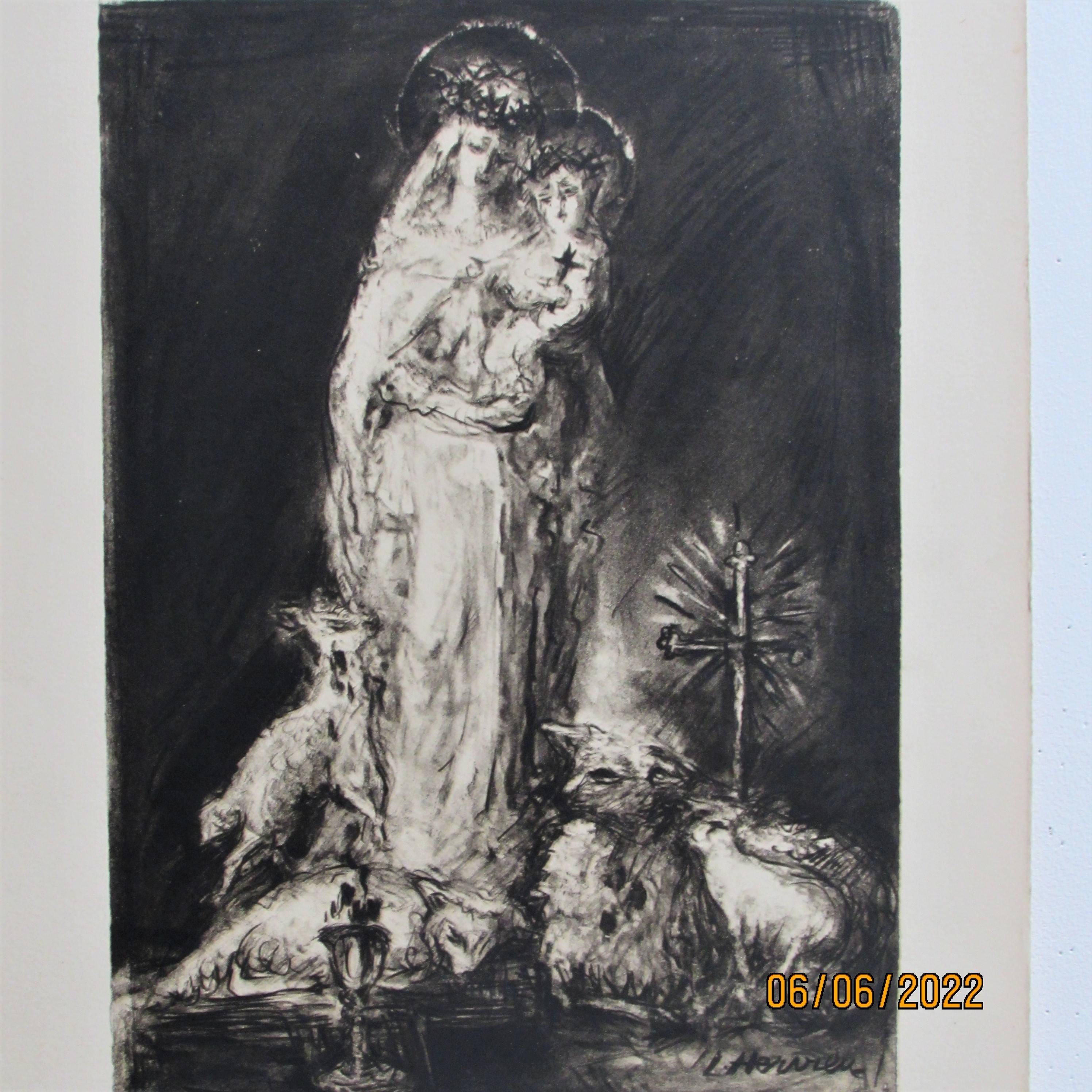 L. Hervieu : Vierge debout à l'Enfant assis, aux agneaux, Chalice, ostentatoire.. Louise Hervieu (°1878- + 1954). Historien d'art, Archéologue; Chercheur Free-Lance (Er)