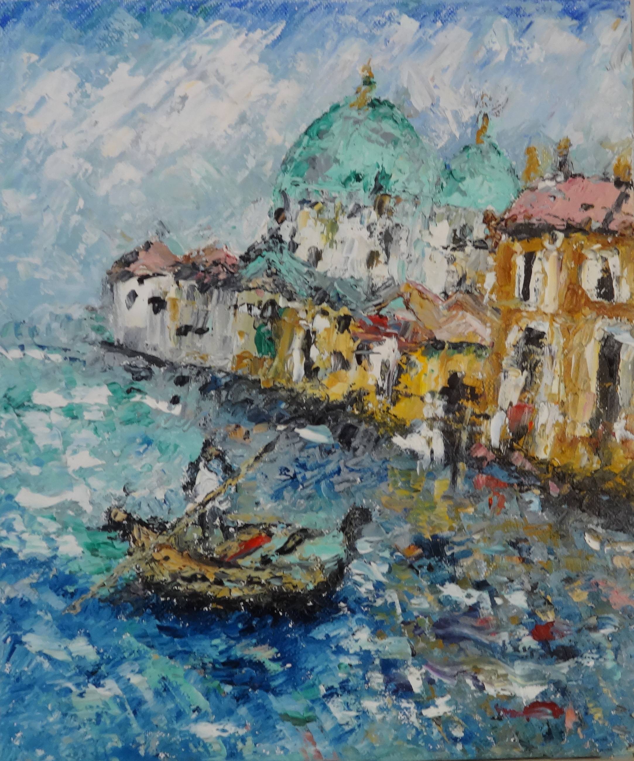 Italy Gondola Canal Venice Oil Painting On Stretched Canvas. Indrani Ghosh