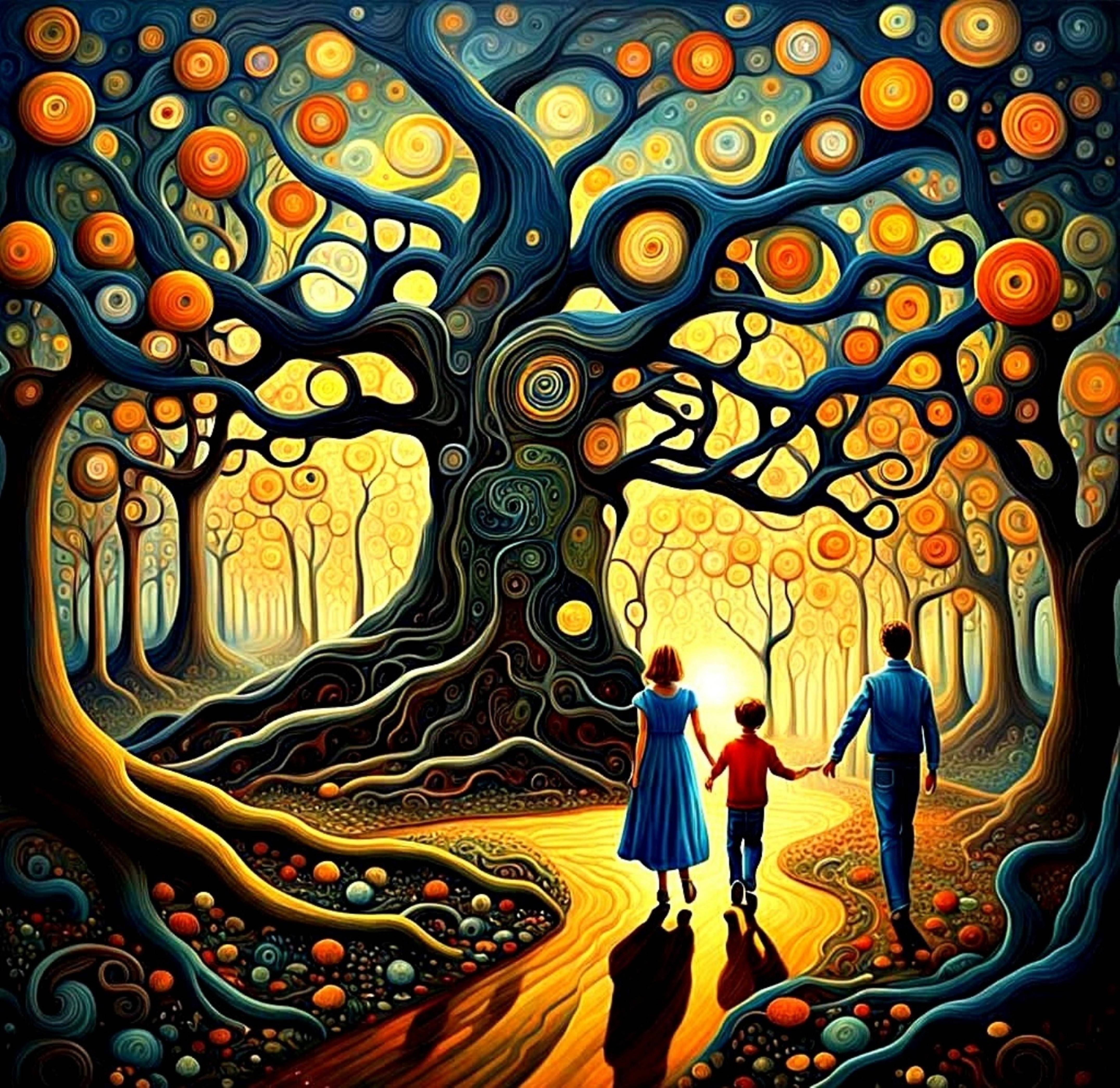 Family in the woods at night. 
