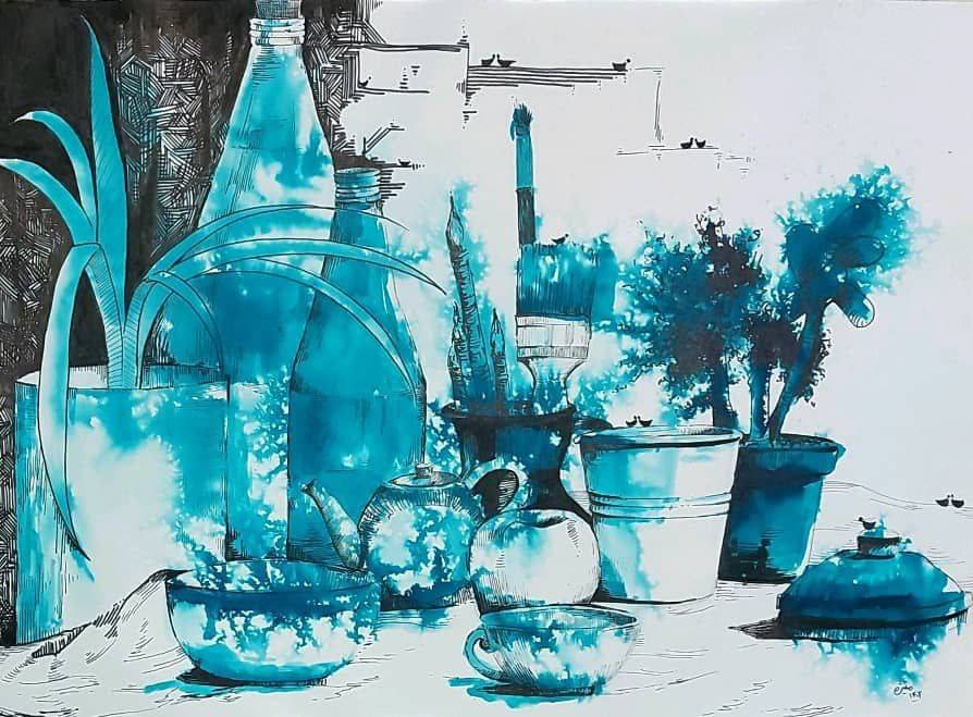 Line, dot, blue. Manijeh Dinyary Zharfhonar