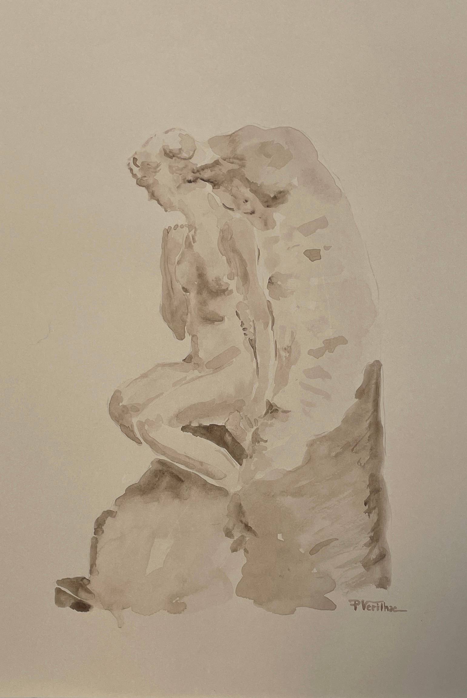 Aquarelle monochrome sépia signée de la statue d’Auguste Rodin « Galatea ». Very Art
