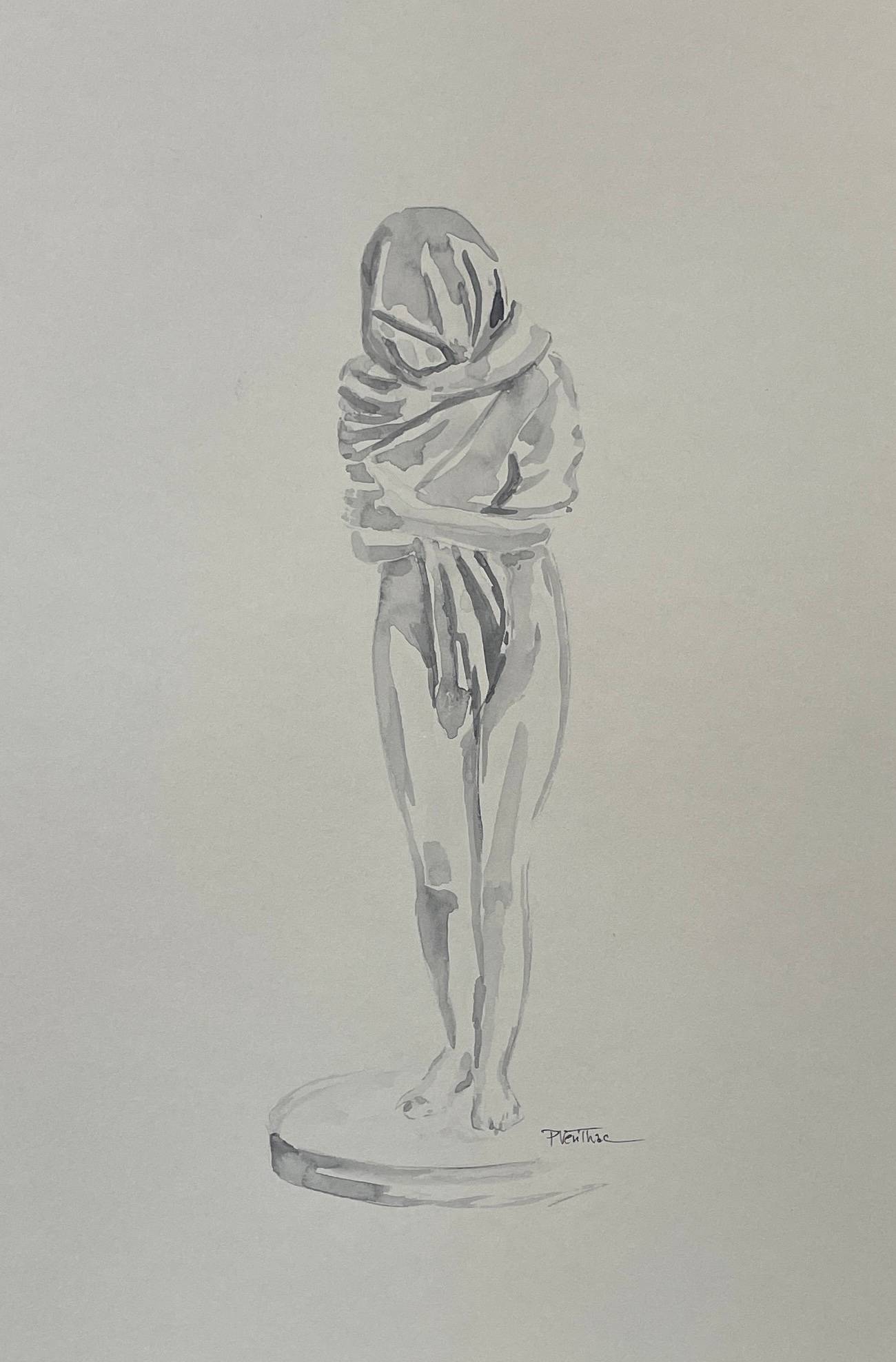 Aquarelle monochrome sépia de la statue de Jean-Antoine Houdon « la frileuse ». Patrick Verilhac Very Art