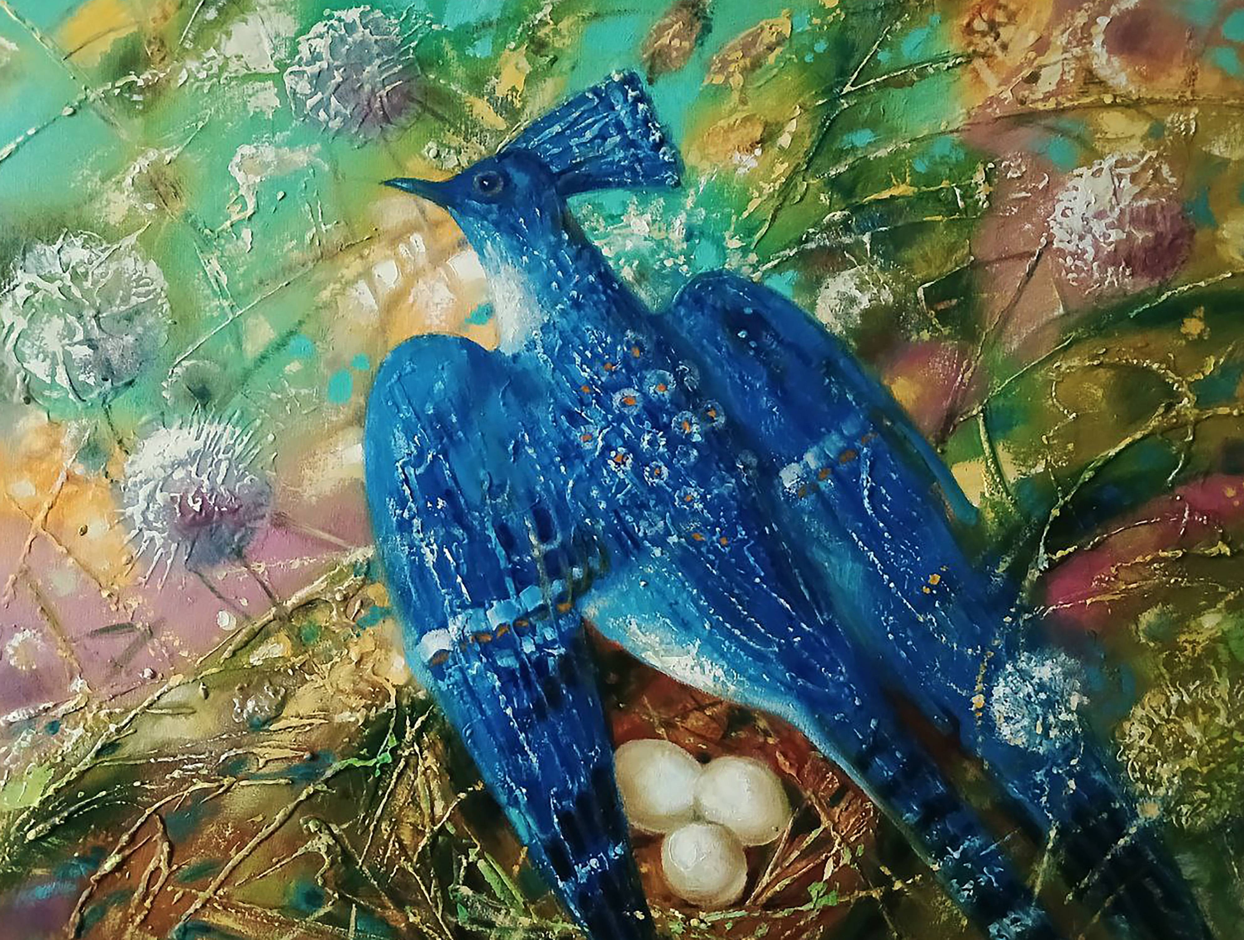Abstract oil painting Blue Bird. Ukrainian Vintage