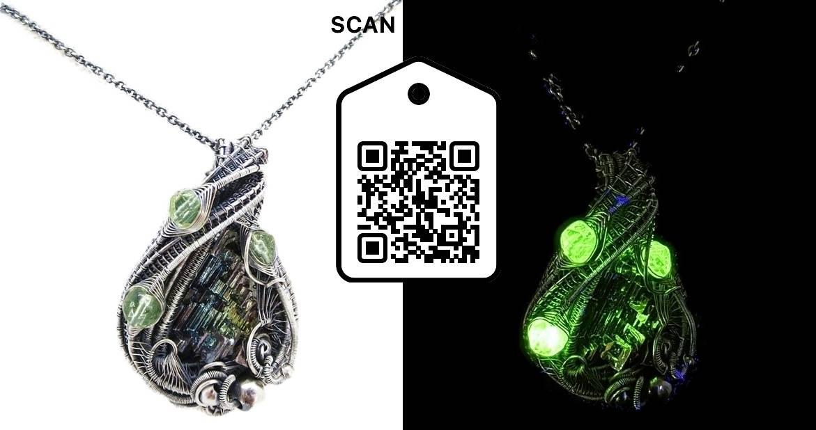 Bismuth Crystal Pendant with UV-Reactive Glass, Sterling Silver Wire Wrap. Heather Jordan Jewelry