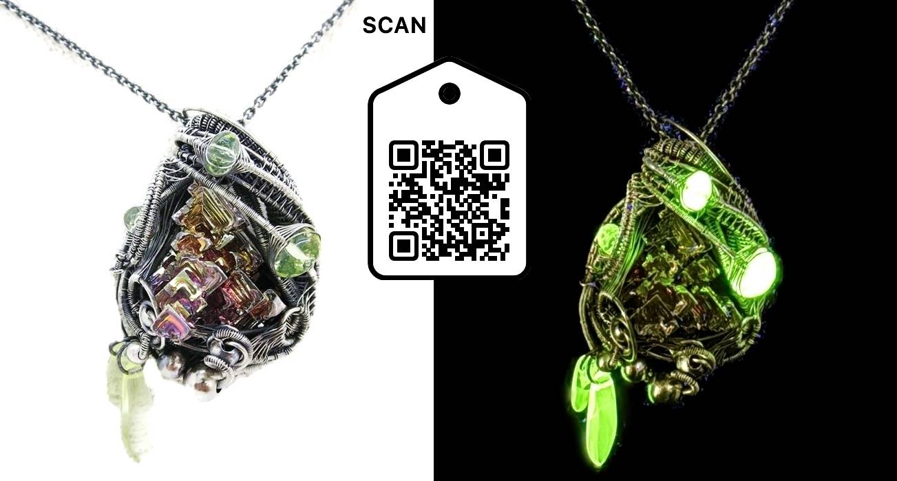 Bismuth Crystal Wire-Wrapped Pendant with UV-Reactive Glass in Sterling Silver. Heather Jordan Jewelry