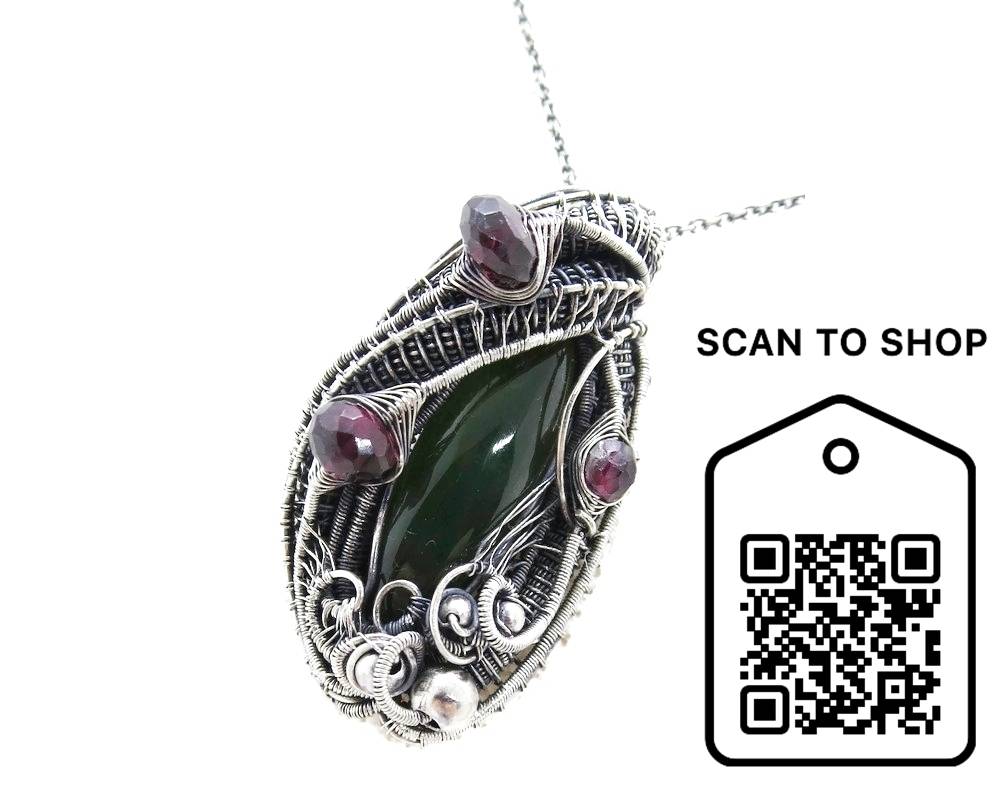 Nephrite Jade & Rhodolite Garnet Pendant, Wire-Wrapped in Sterling Silver. Heather Jordan Jewelry