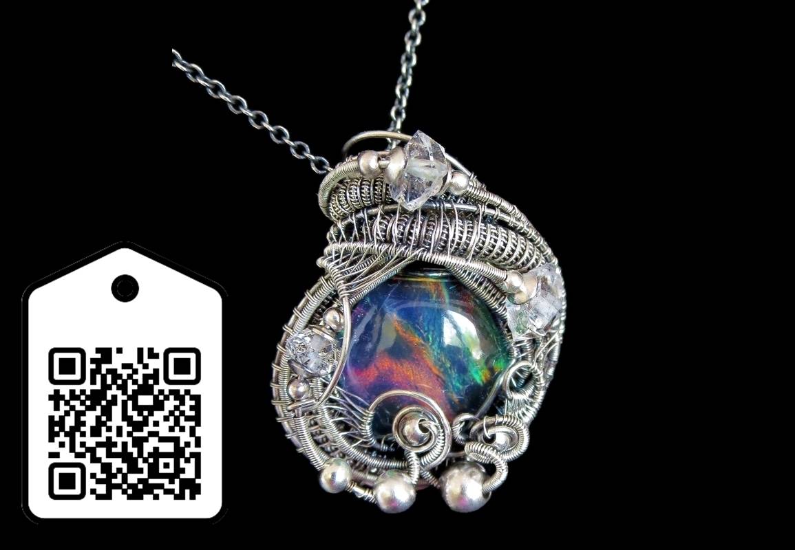 Aurora Opal Wire-Wrapped Pendant in Sterling Silver with Herkimer Diamonds. Heather Jordan Jewelry