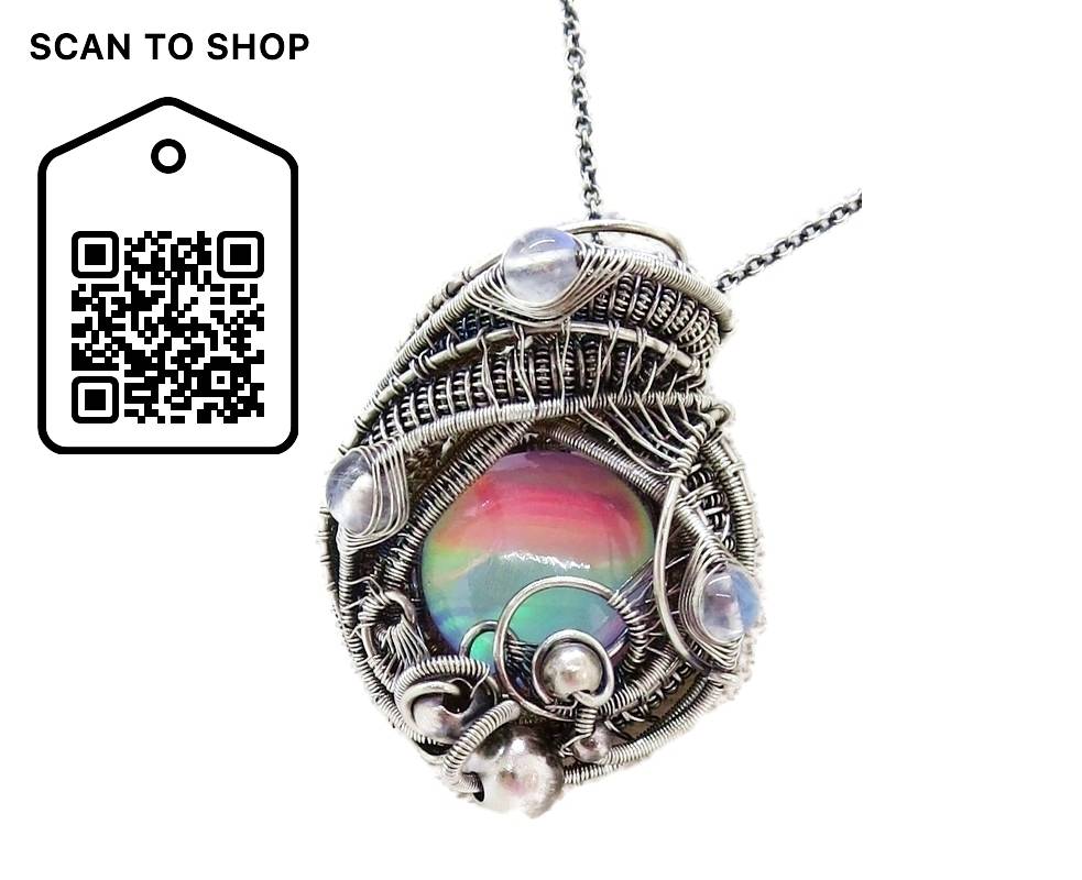 Aurora Opal Wire-Wrapped Pendant in Sterling Silver with Rainbow Moonstone. Heather Jordan Jewelry