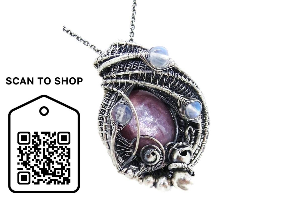 Lepidolite Pendant, Wire-Wrapped in Sterling Silver, with Rainbow Moonstone. Heather Jordan Jewelry