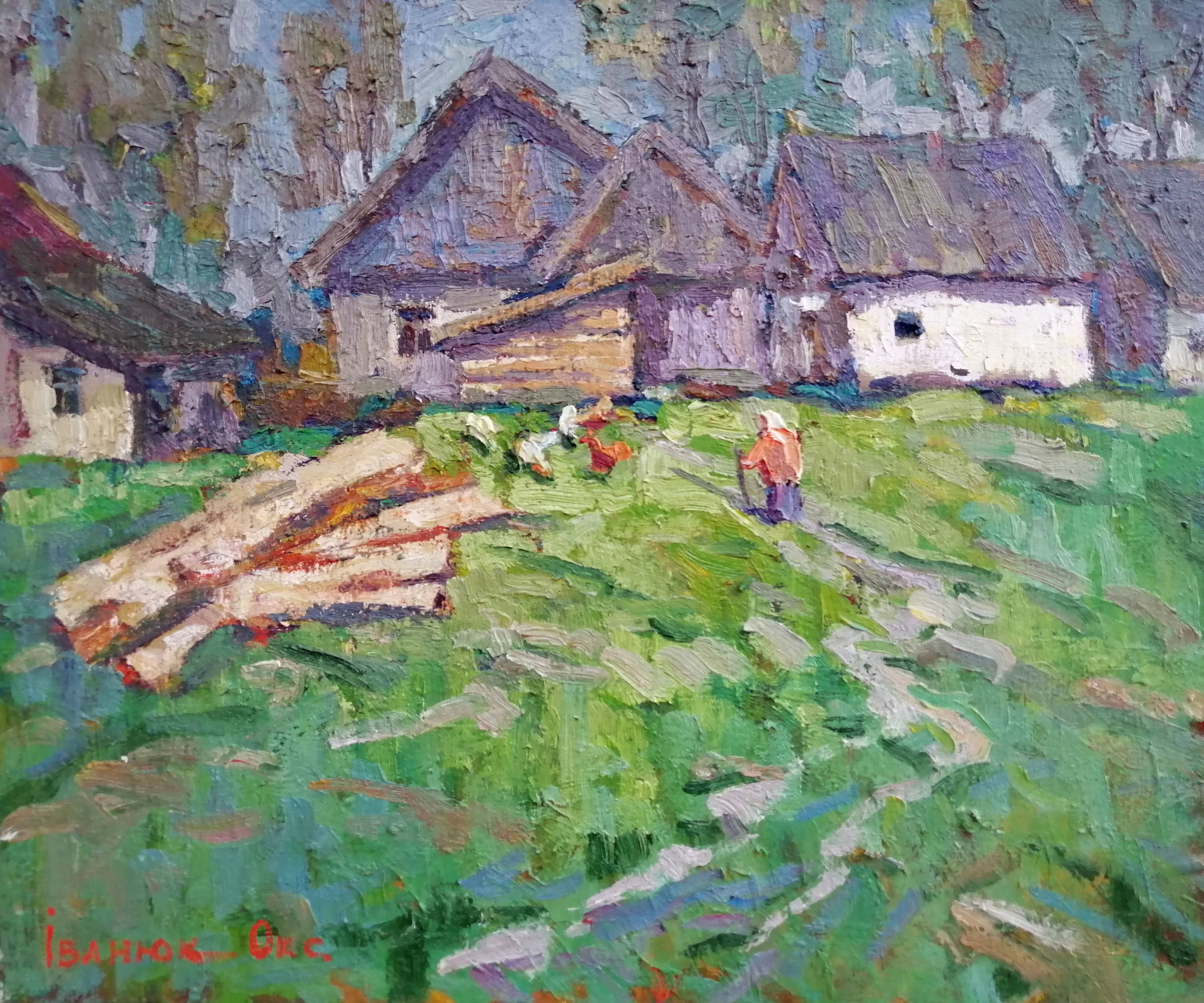 Oil painting In the courtyard. Oksana Ivanyuk Ukrainian Vintage
