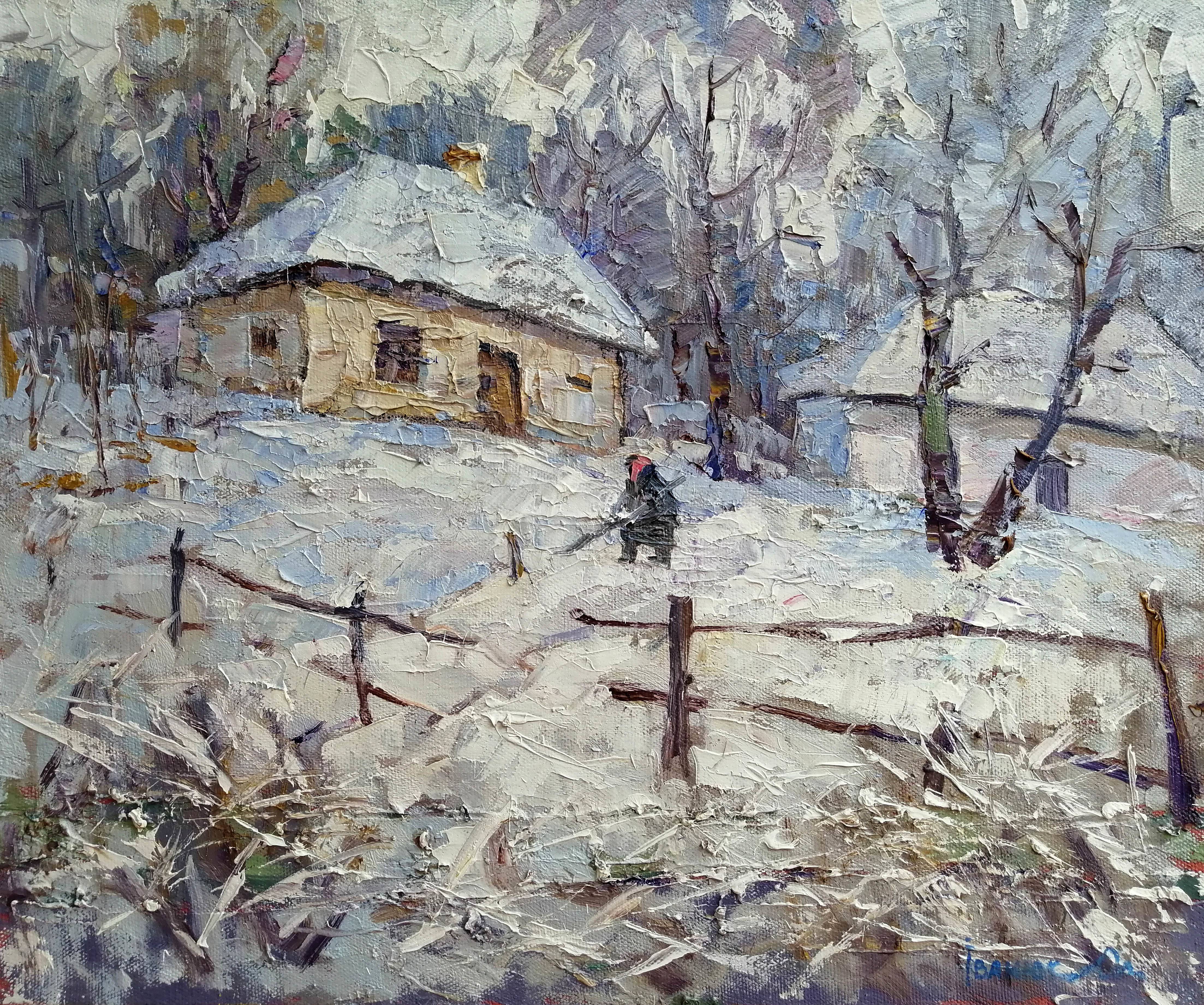 Oil painting In the winter courtyard. Oleksiy Ivanyuk Ukrainian Vintage