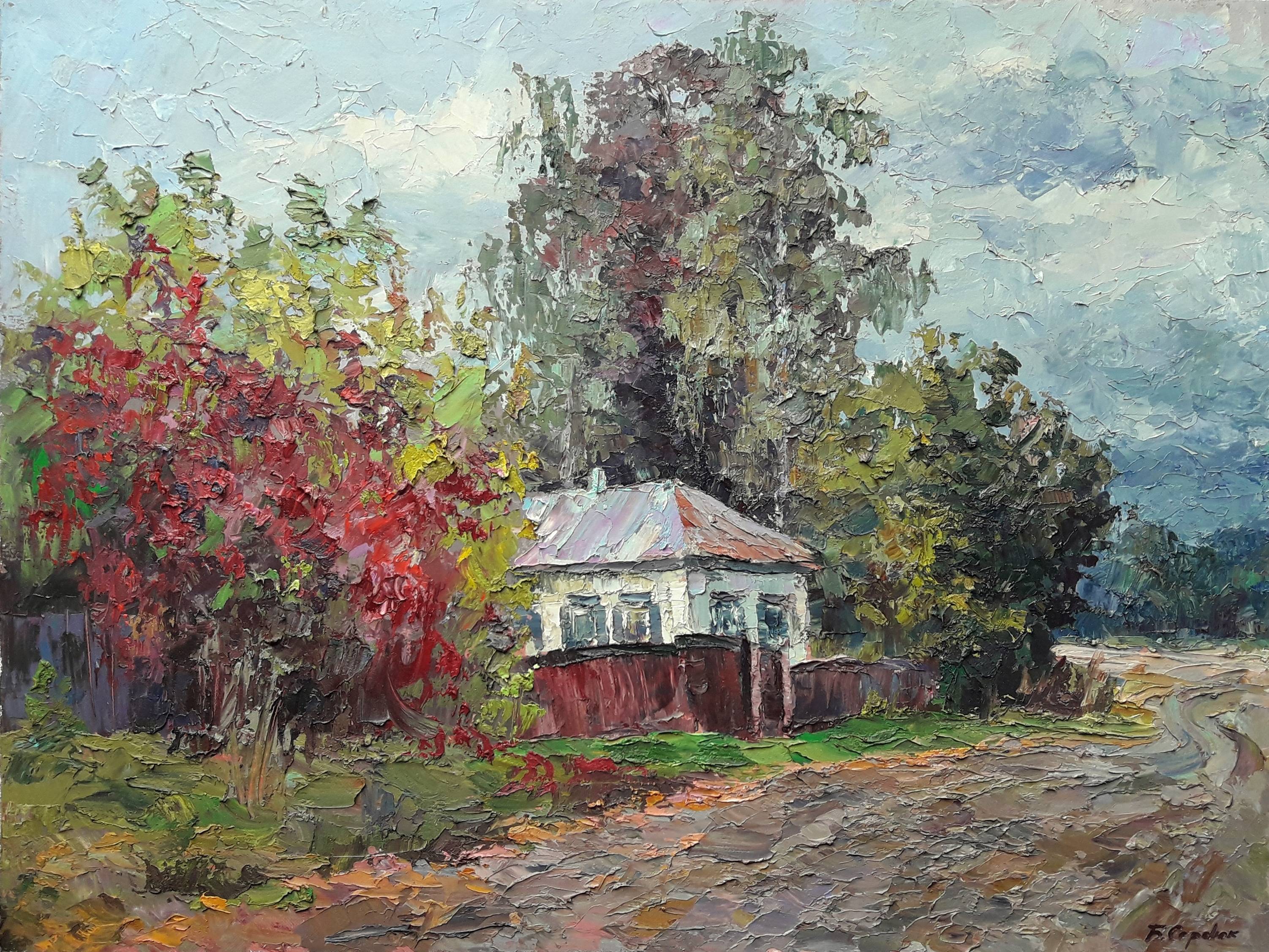 Oil painting Autumn in the Village of Guta. Ukrainian Vintage