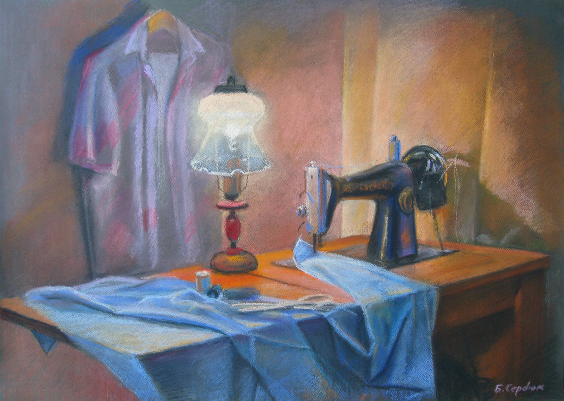 Oil painting Seamstress Corner. Ukrainian Vintage