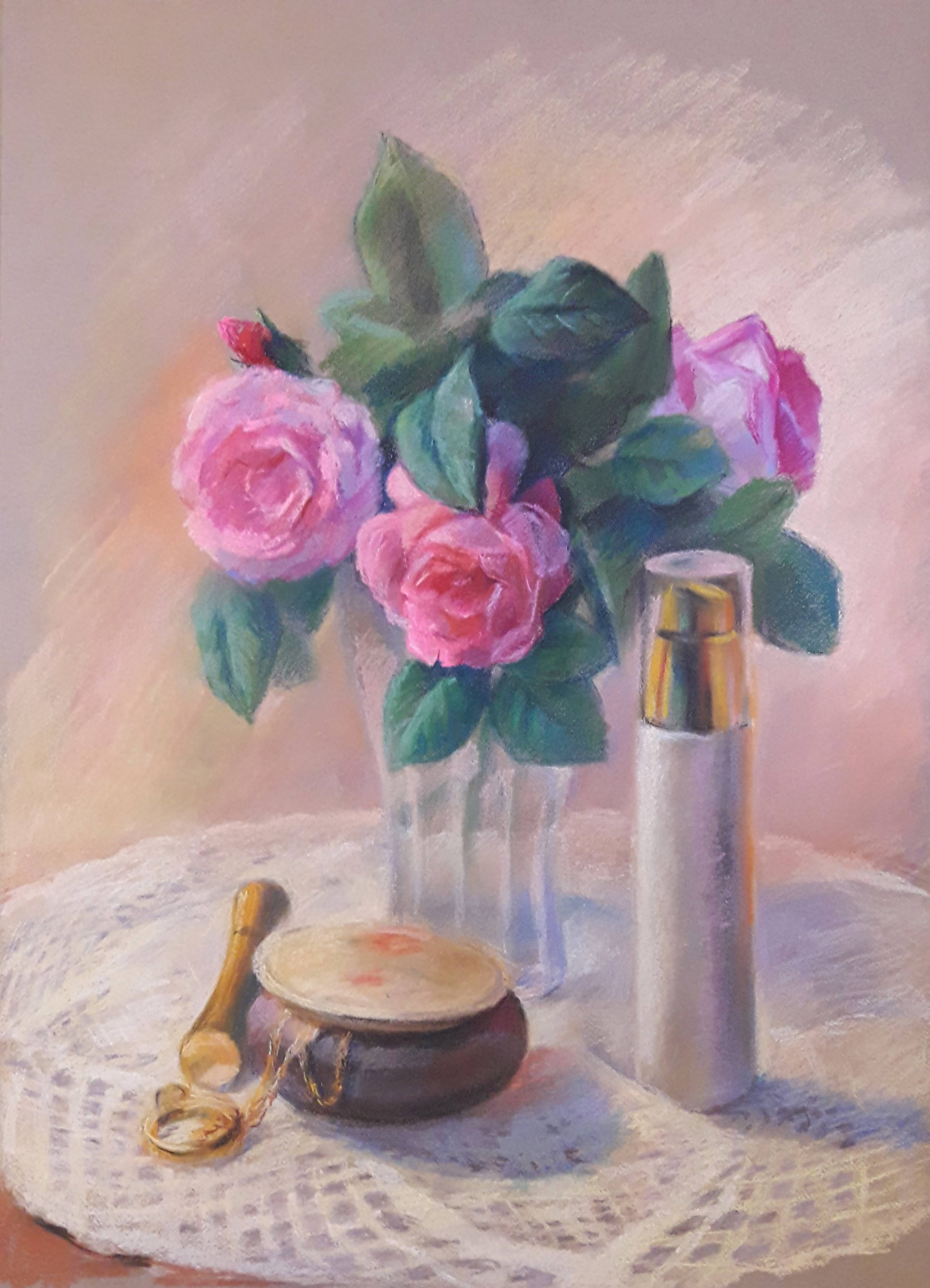 Oil painting Tea Roses. Ukrainian Vintage