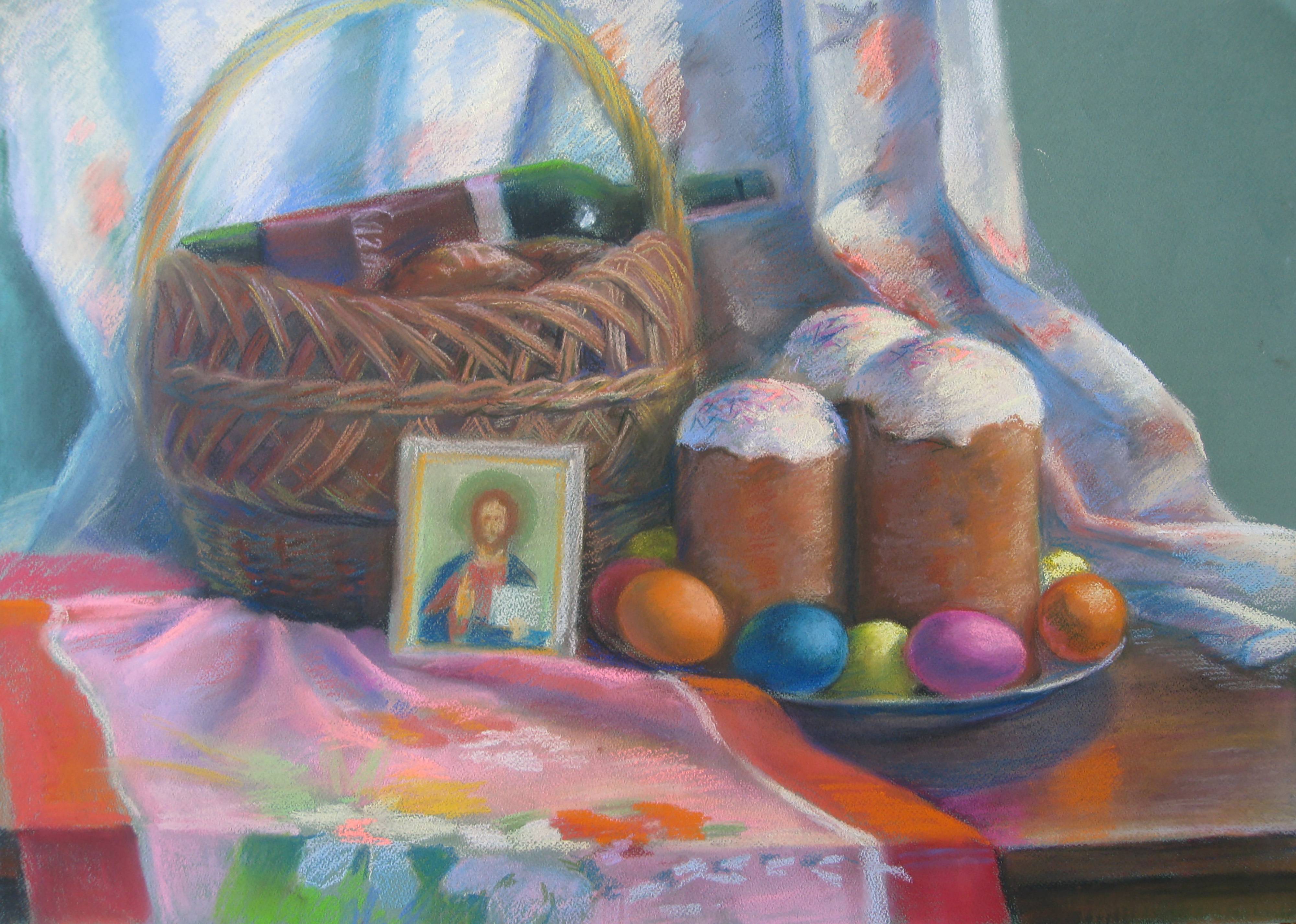 Oil painting On Easter. Ukrainian Vintage