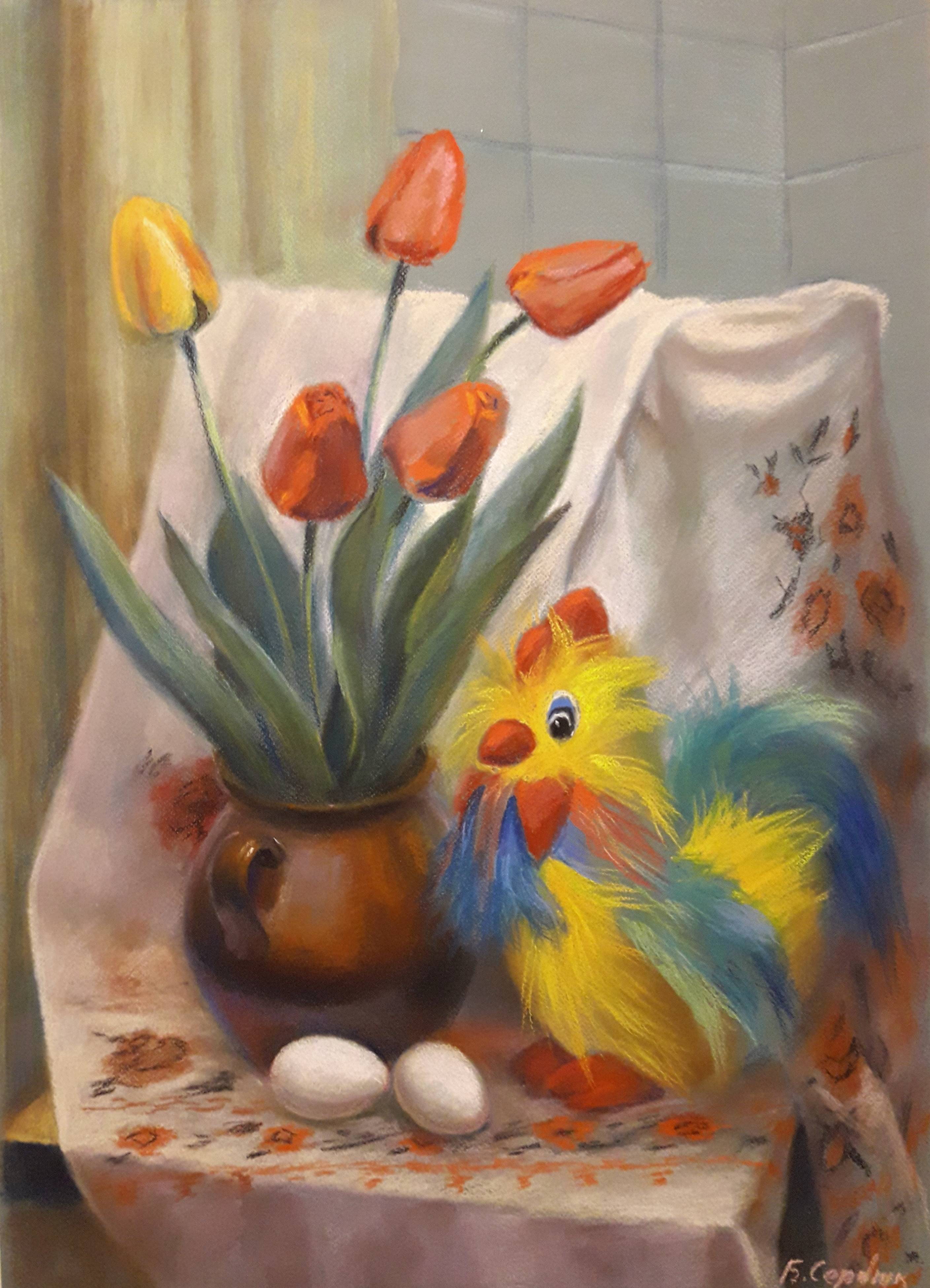 Oil painting Still Life with Rooster and Tulips. Ukrainian Vintage