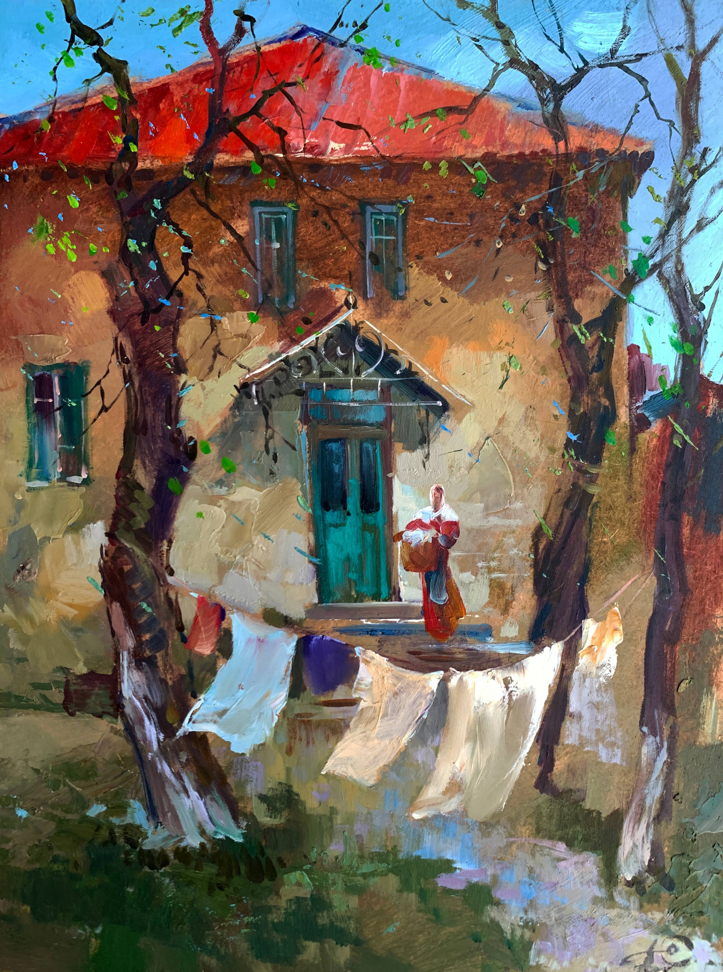Oil painting a Light Breeze in the Yard. Ukrainian Vintage