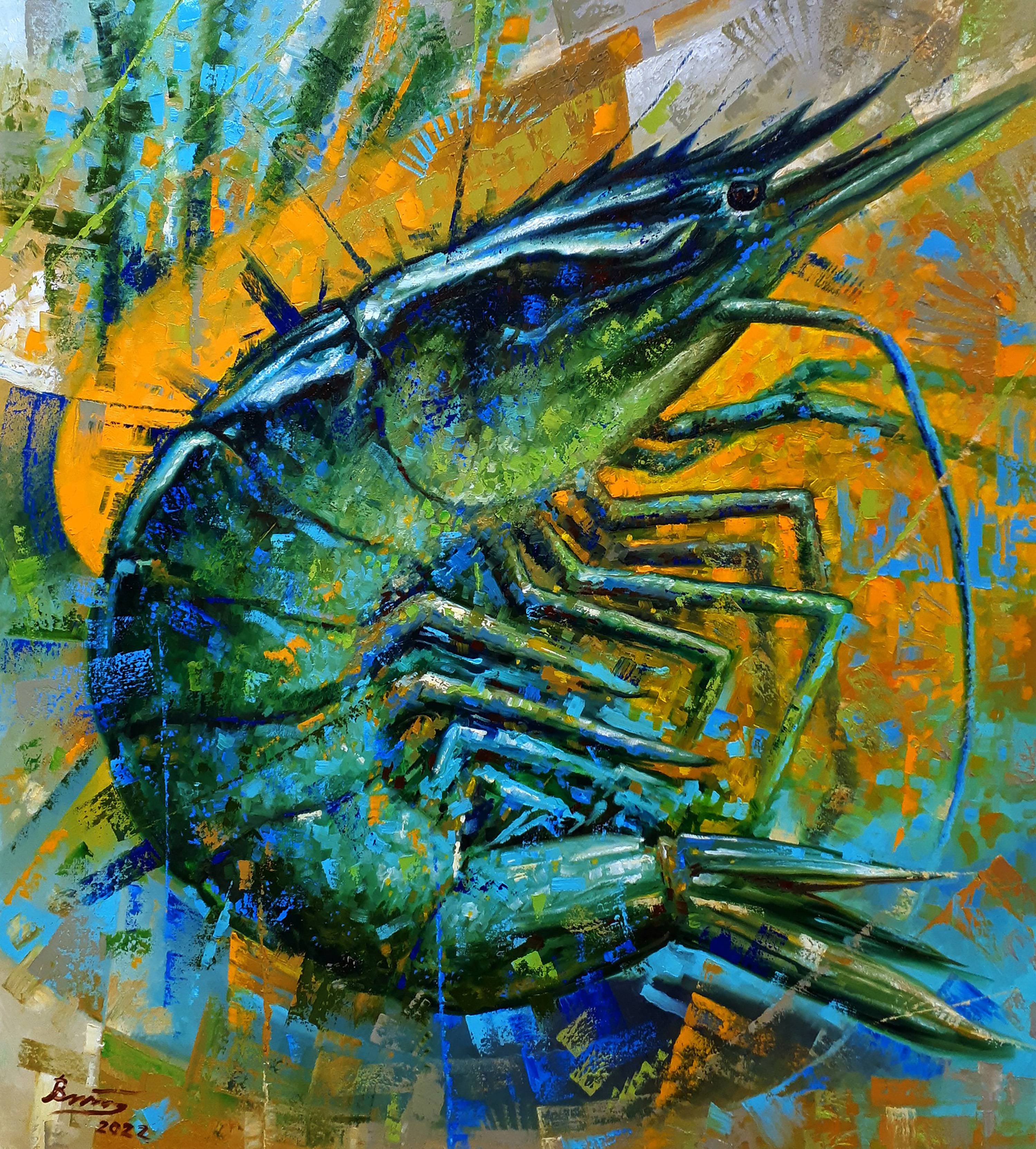 Oil painting Shrimp. Ukrainian Vintage