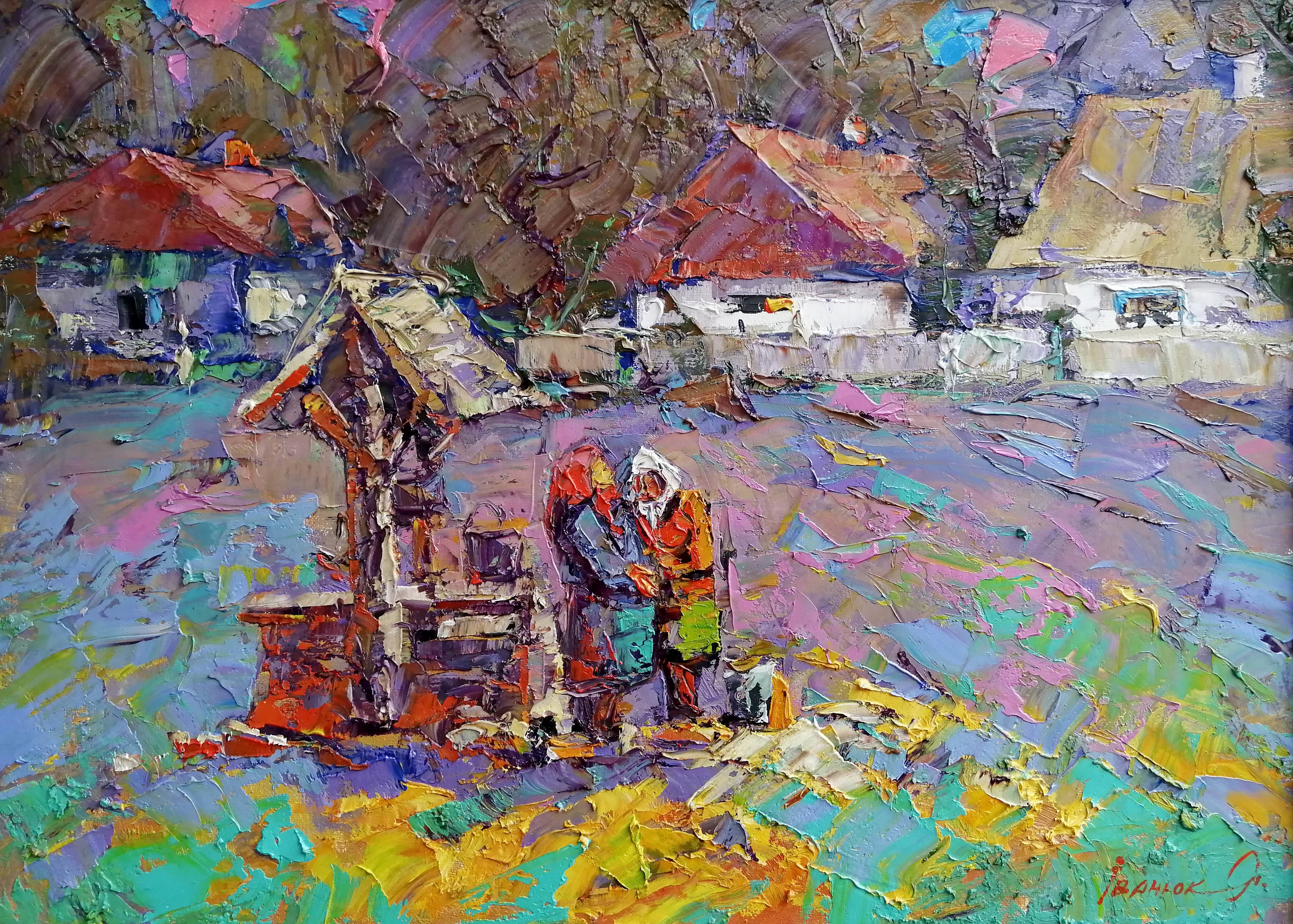 Oil painting At the Well. Ukrainian Vintage