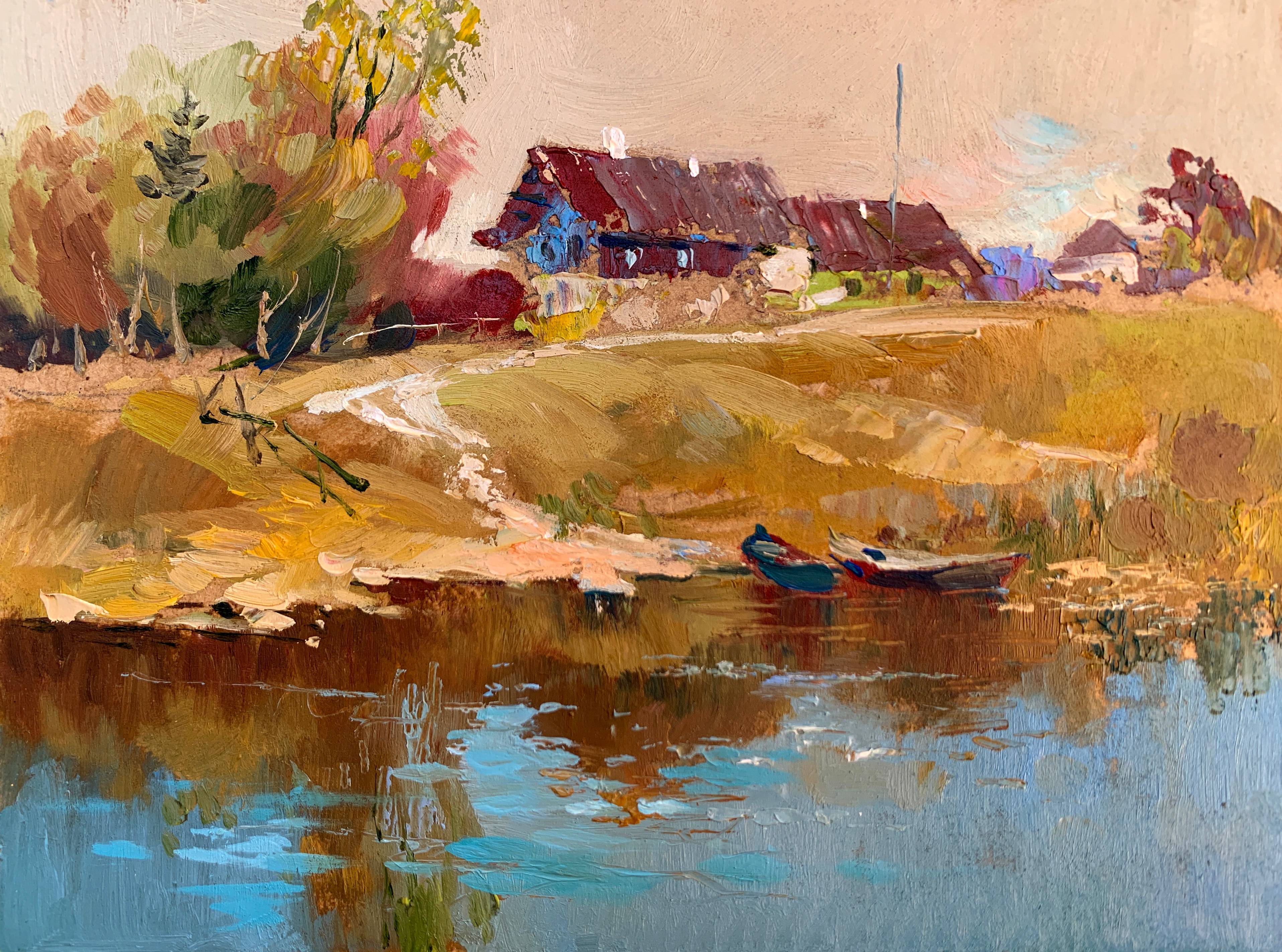 Oil painting Village Life. Yuriy Suprunchuk Ukrainian Vintage