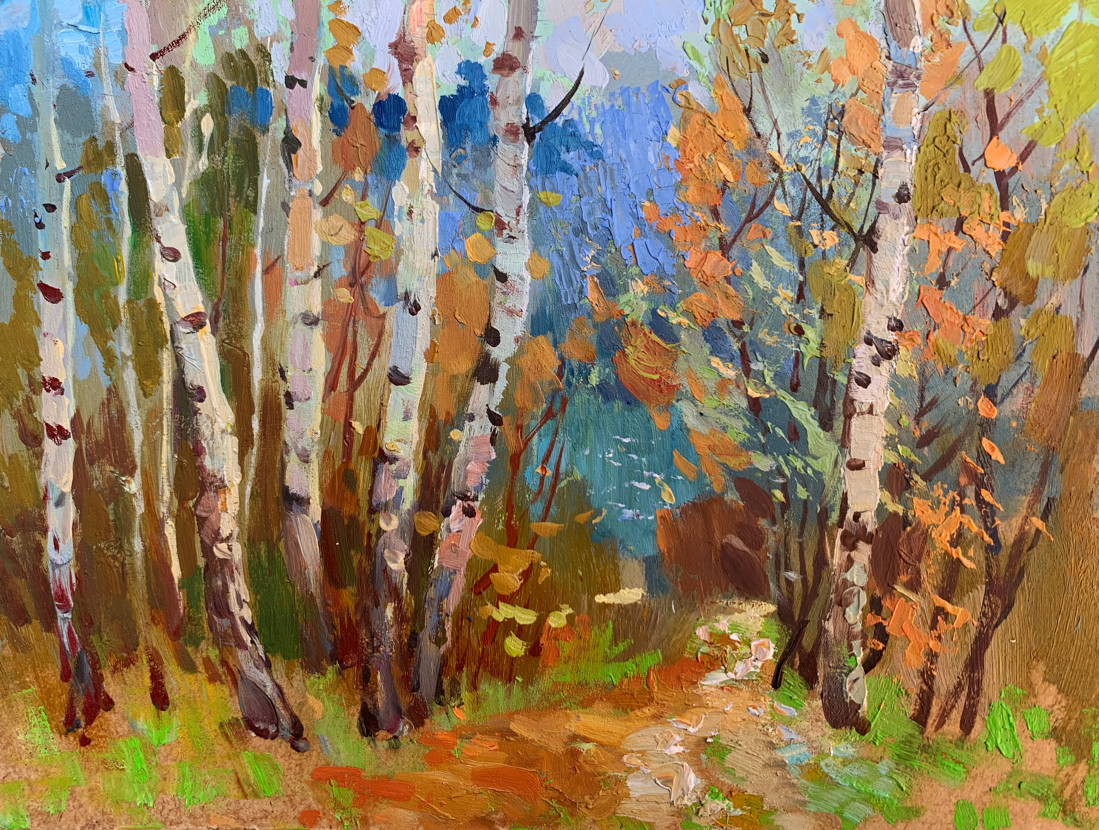Oil painting Autumn Birch Grove. Yuriy Suprunchuk Ukrainian Vintage
