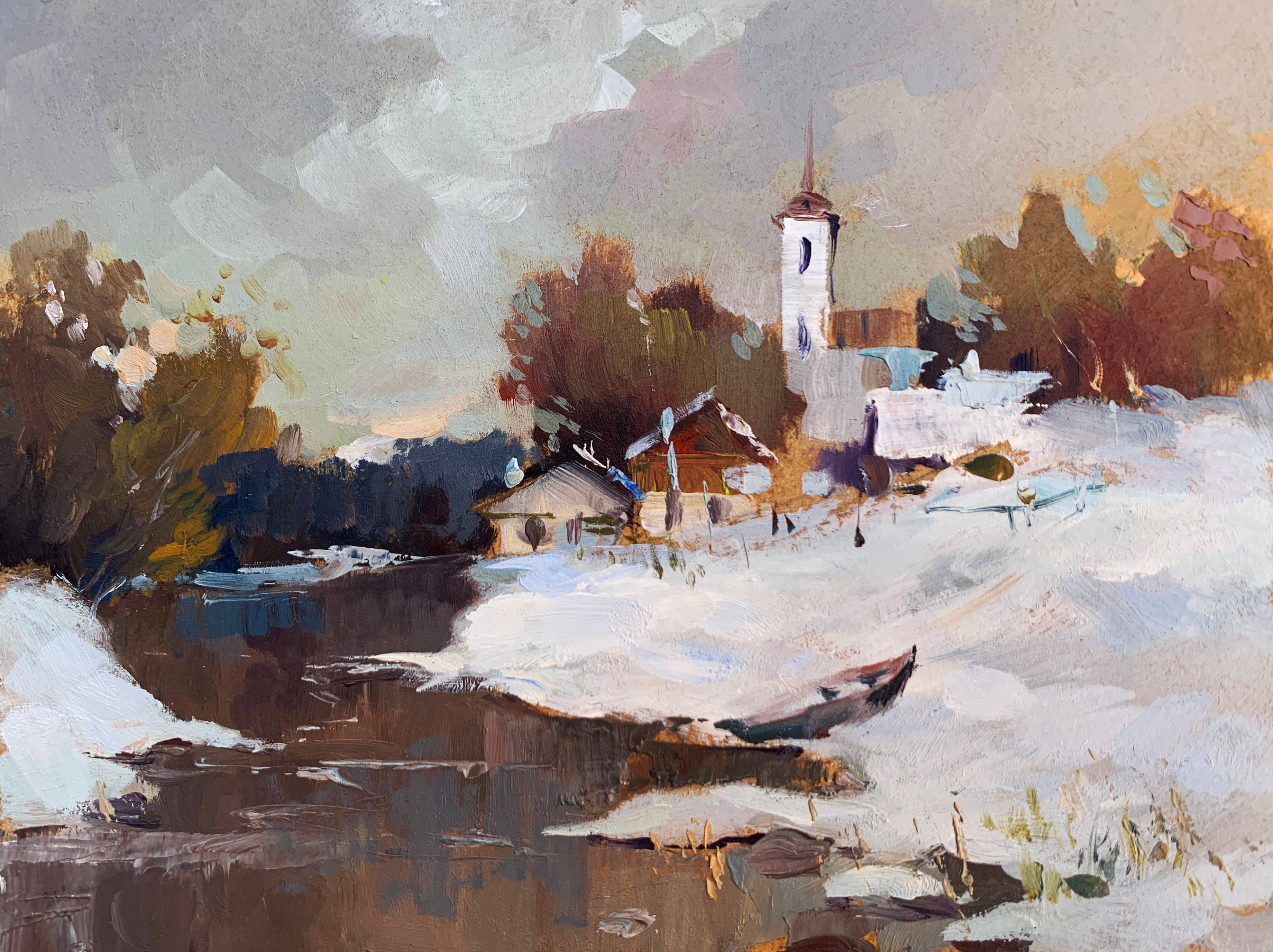 Oil painting Winter Evening. Yuriy Suprunchuk Ukrainian Vintage
