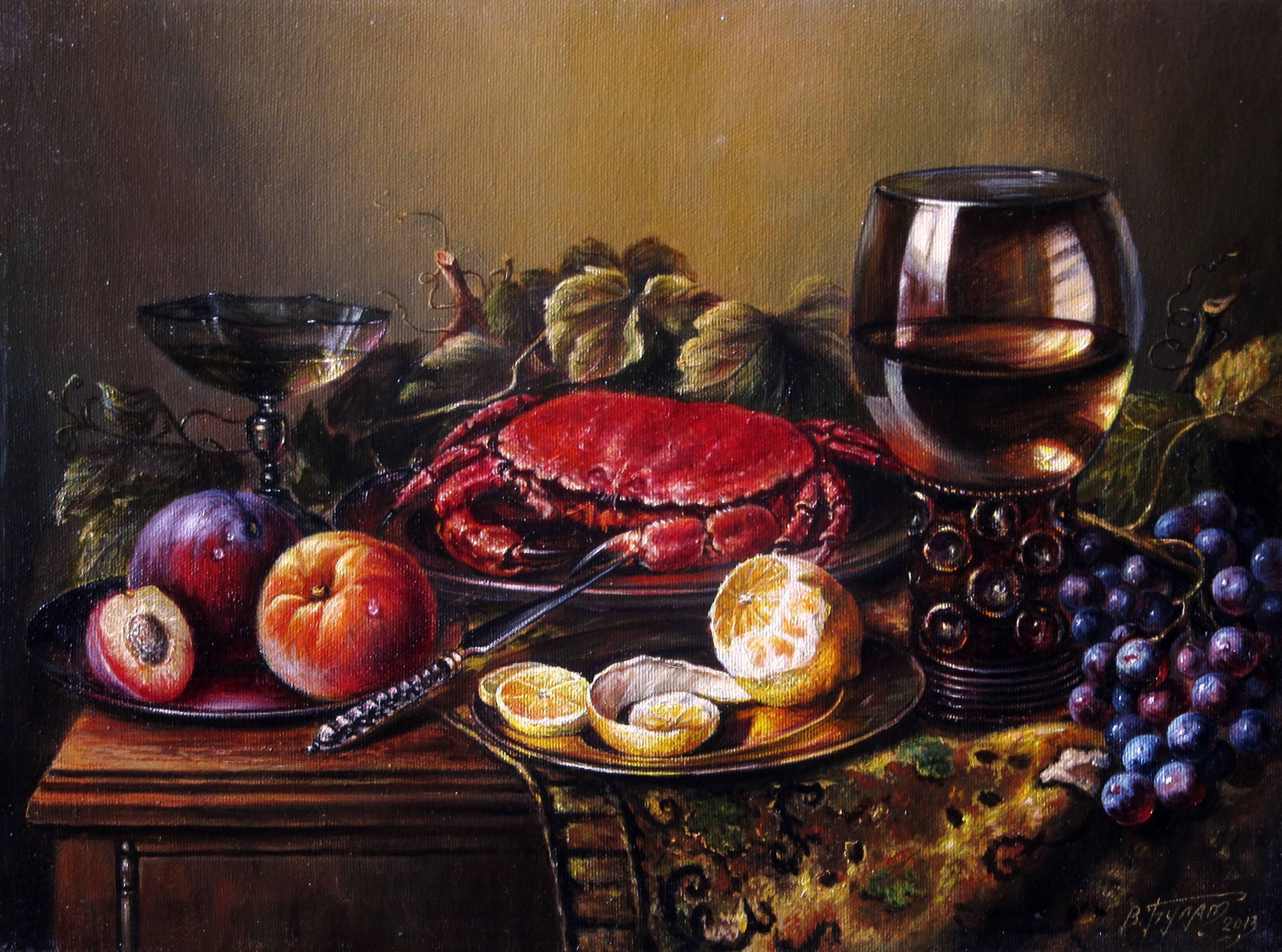 Oil painting Still Life with a Crab. 