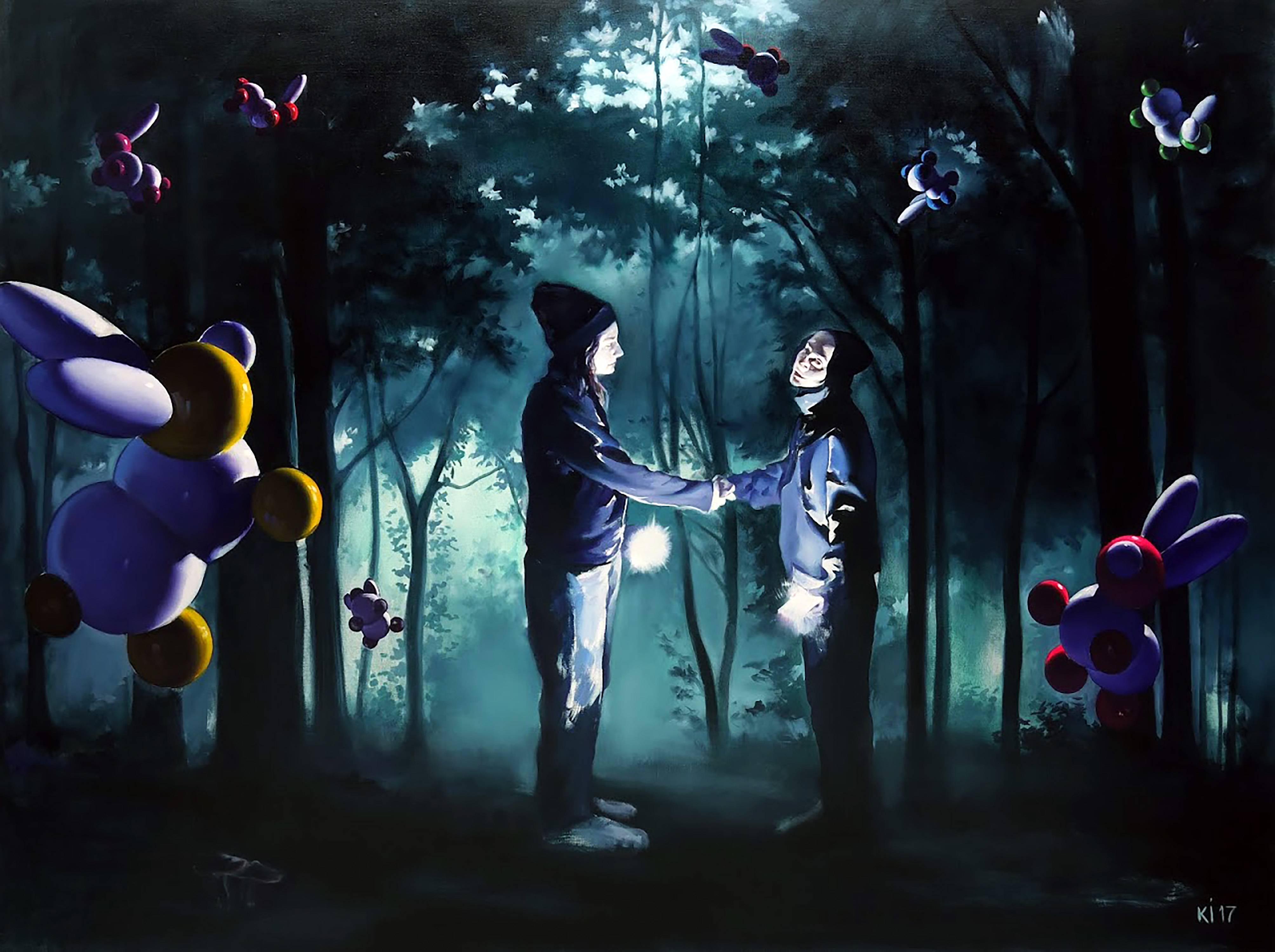 Oil painting Meeting in the Forest with a Curator. 