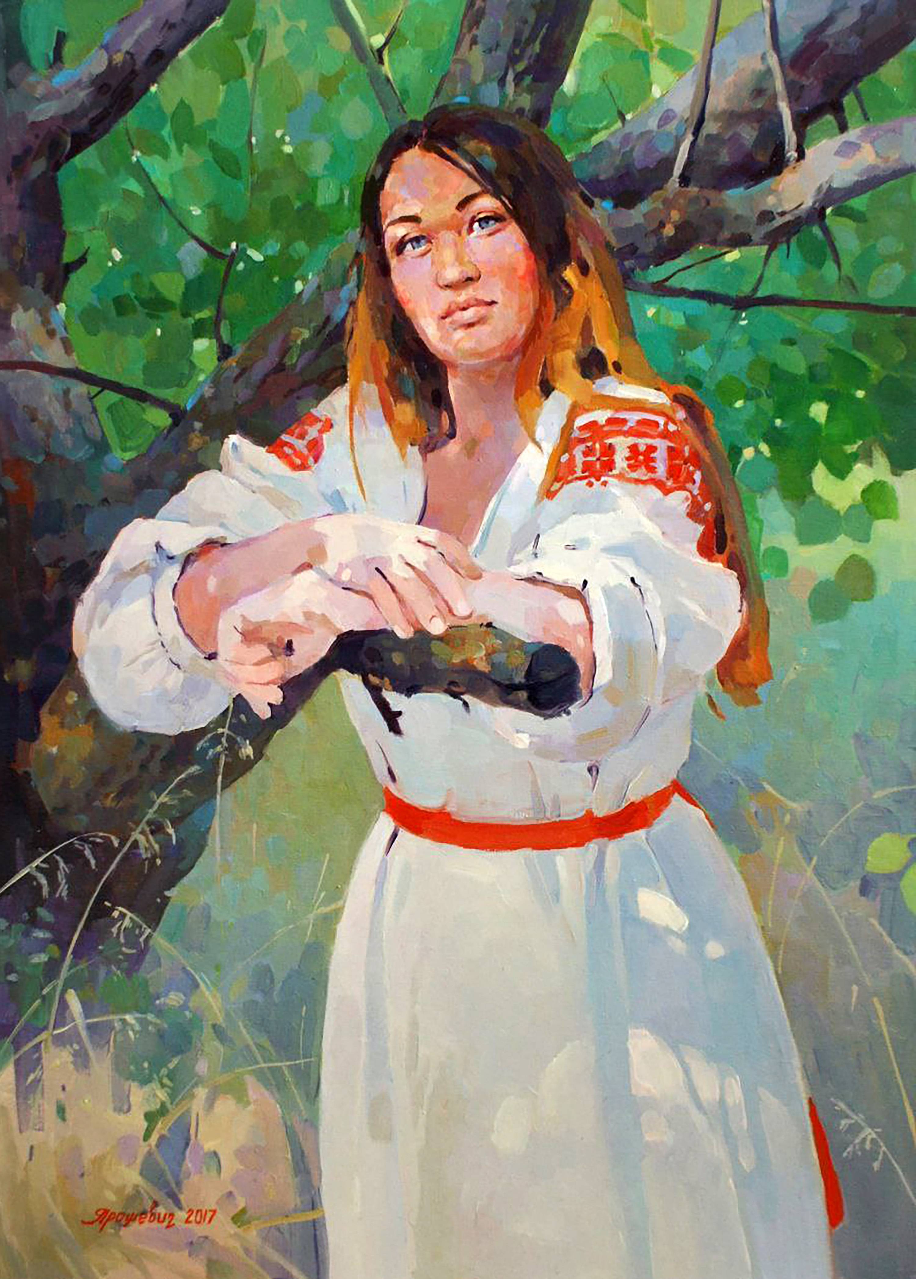 Oil painting Shade of the Apricot Tree. Ukrainian Vintage