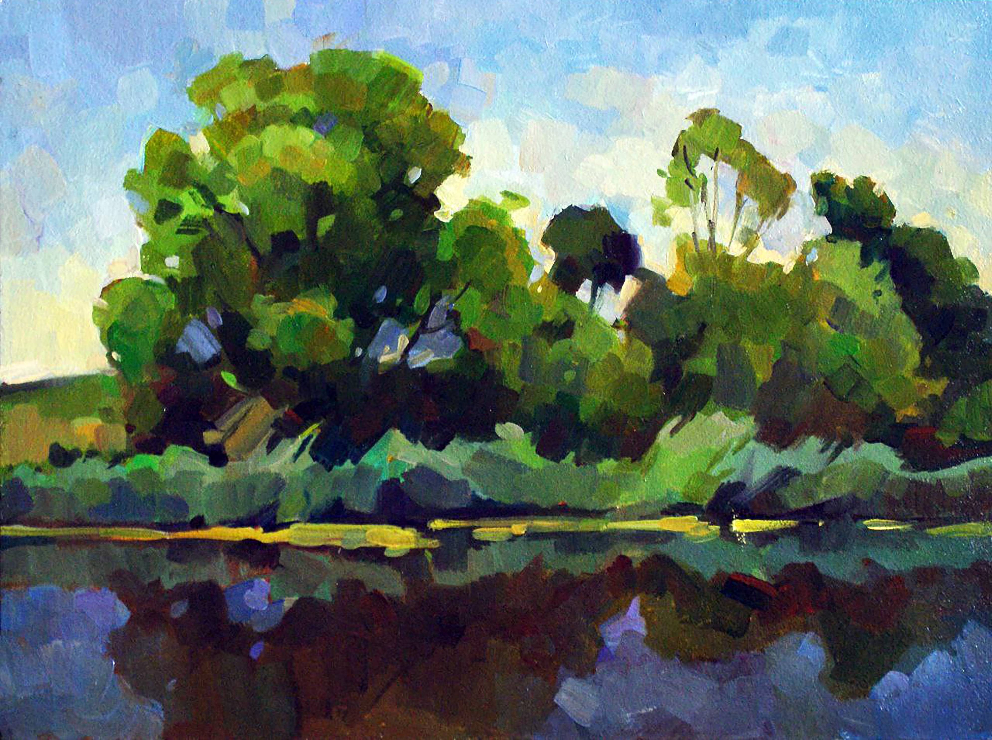 Oil painting River near the Village. 