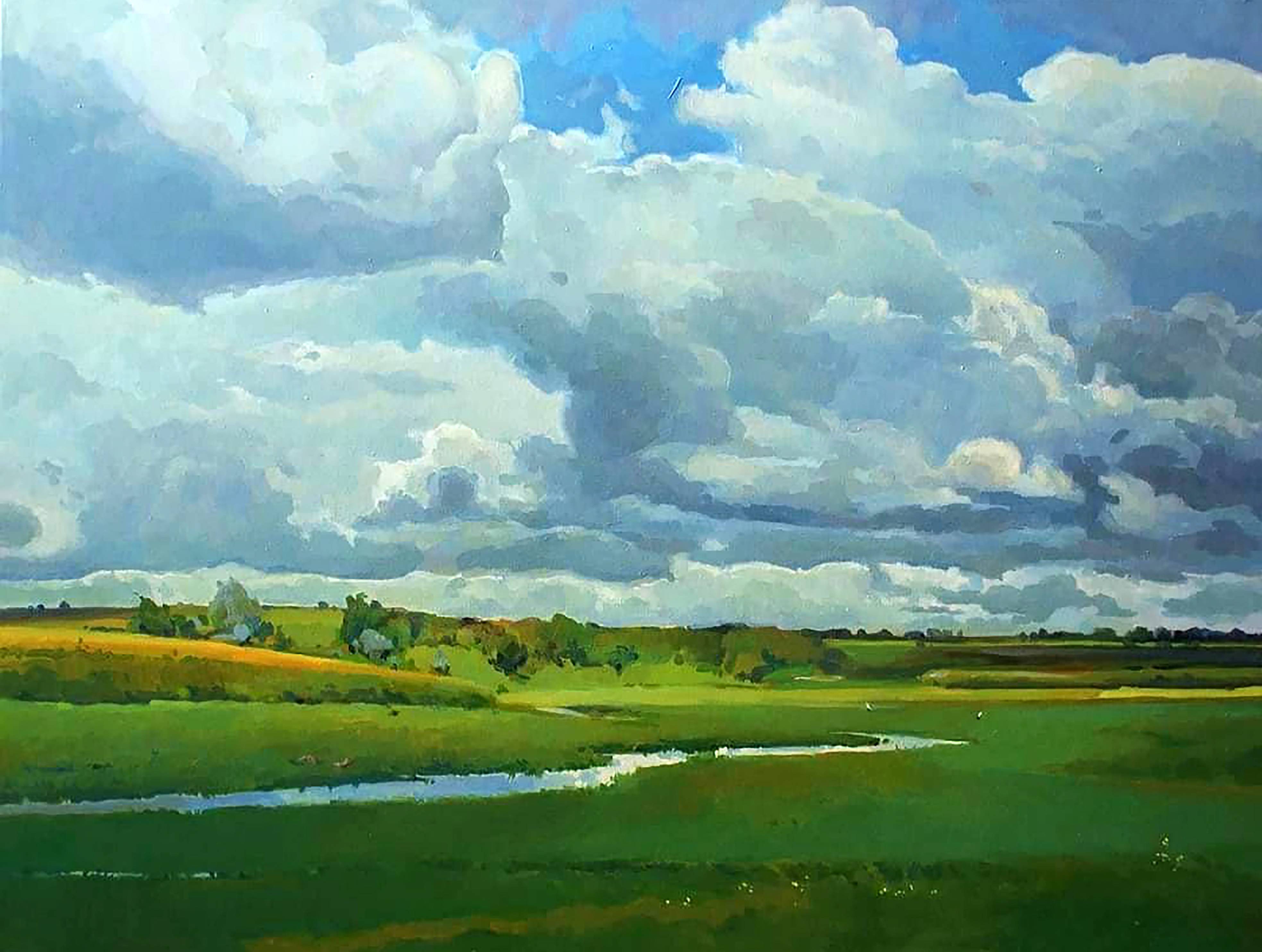 Oil painting Landscape with Field. 