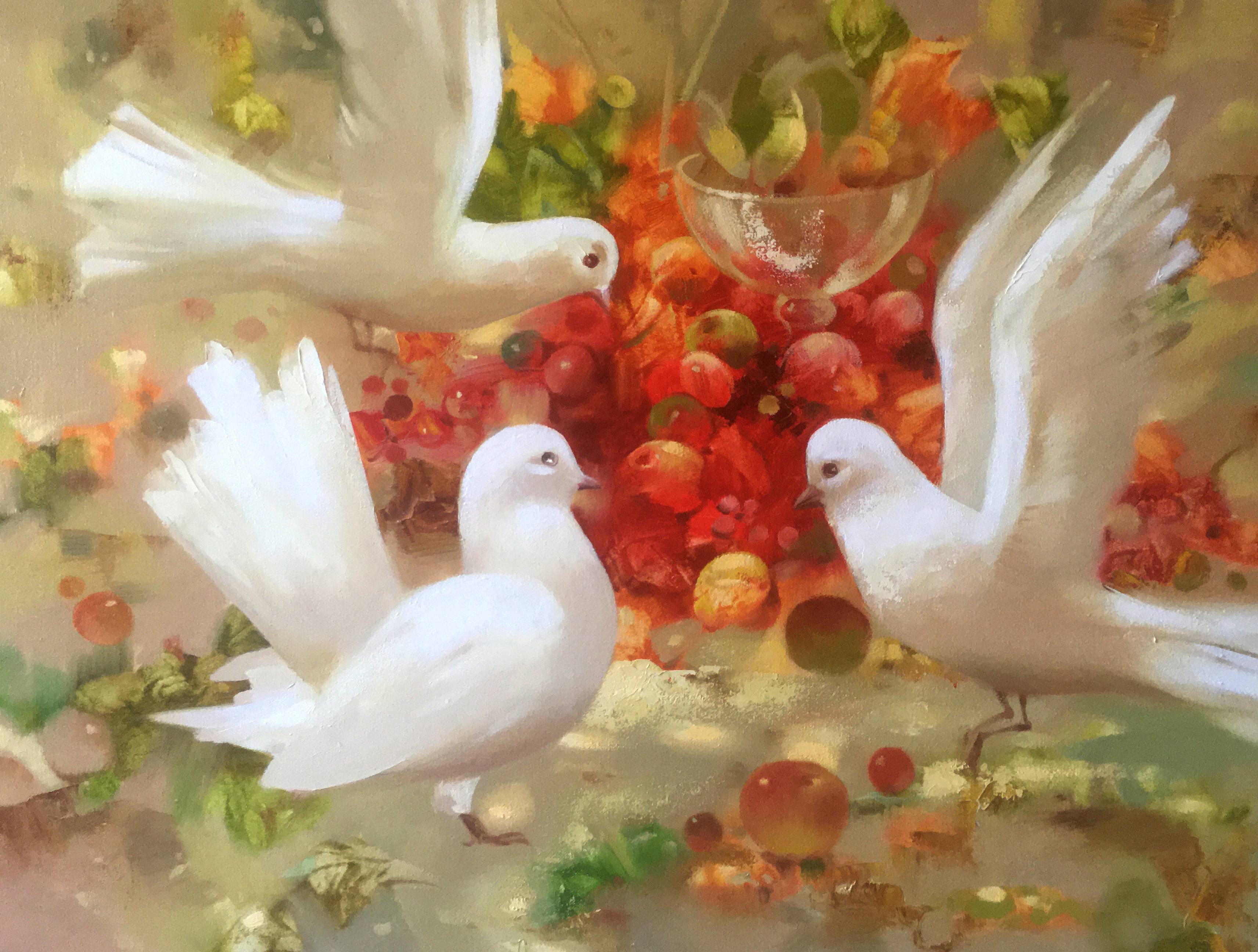 Oil painting Pigeons. 