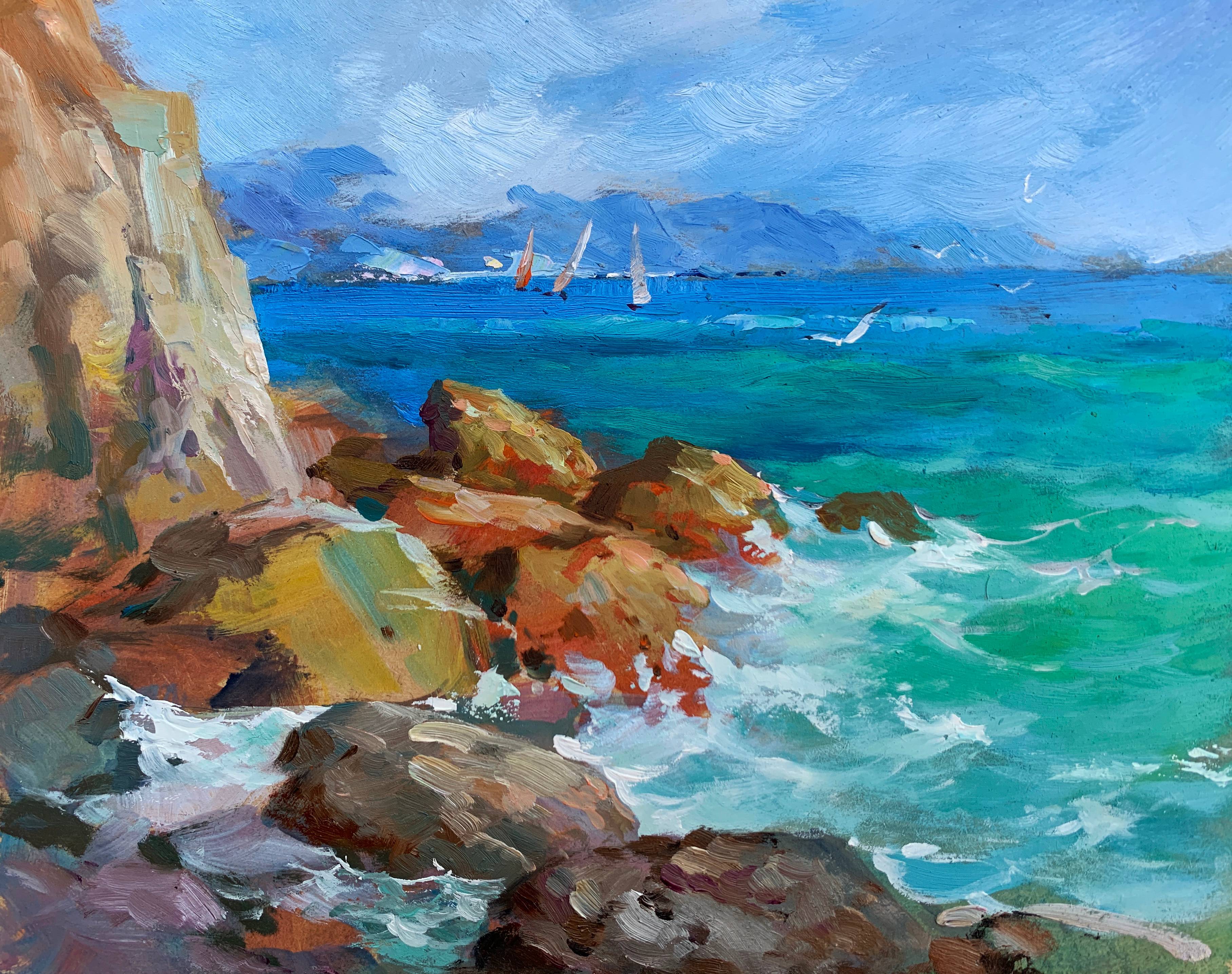 Oil painting Sea Waves Beat Against the Rocks. 