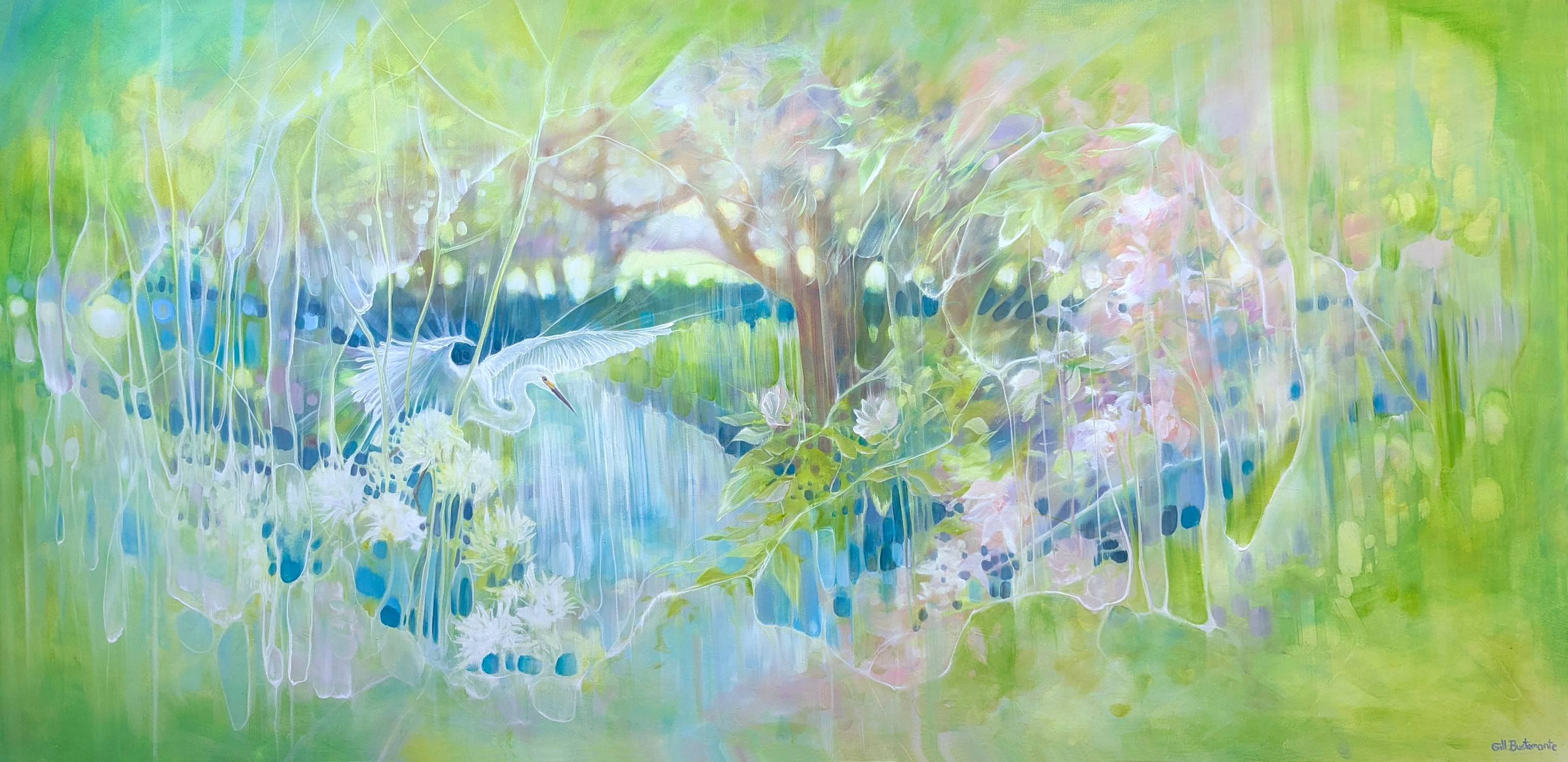 A Quiet Drama is a serene panoramic oil painting of a white egret by a river. 